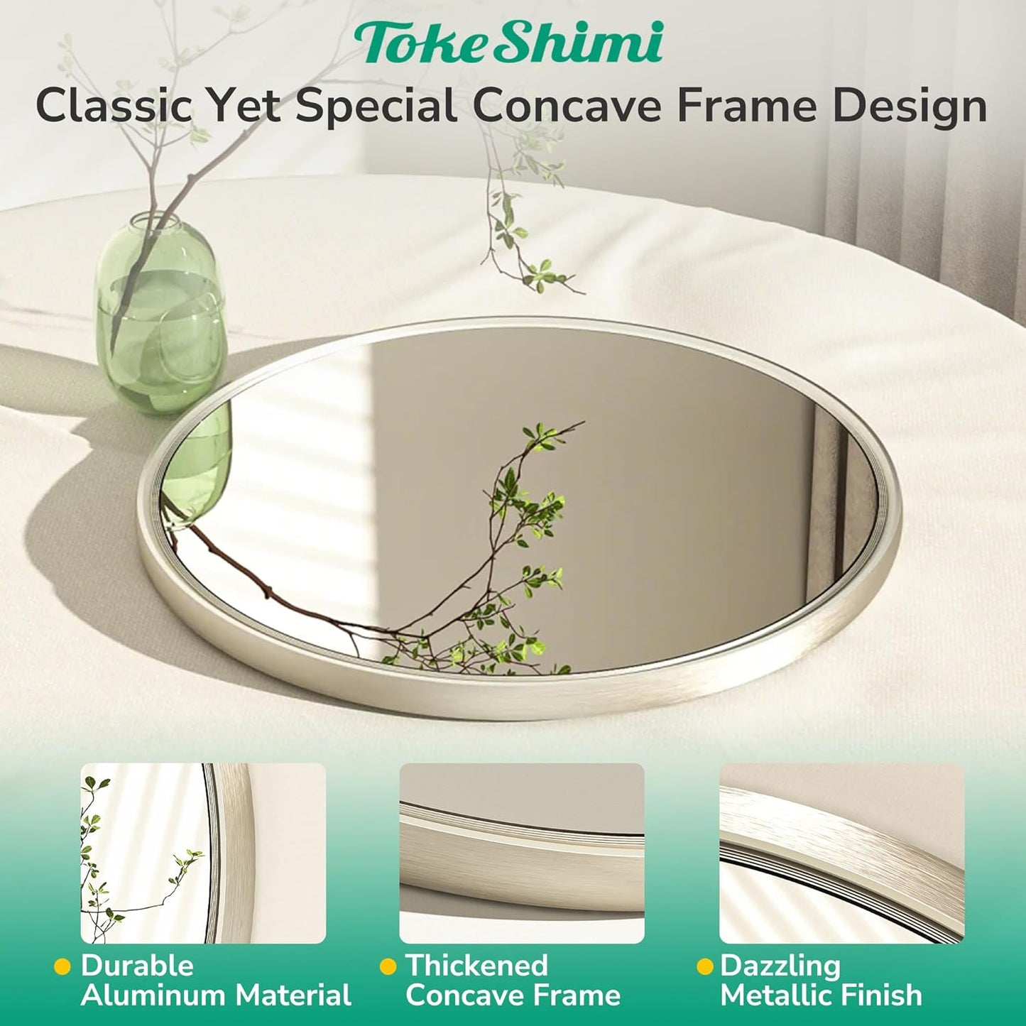 TokeShimi 16 in Round Bathroom Vanity Mirror Framed Brushed Nickel Bathroom Mirror for Wall Farmhouse, 16x16 Shatterproof Circle Bathroom Mirrored for Living Room, Bedroom, Entryway, Restroom