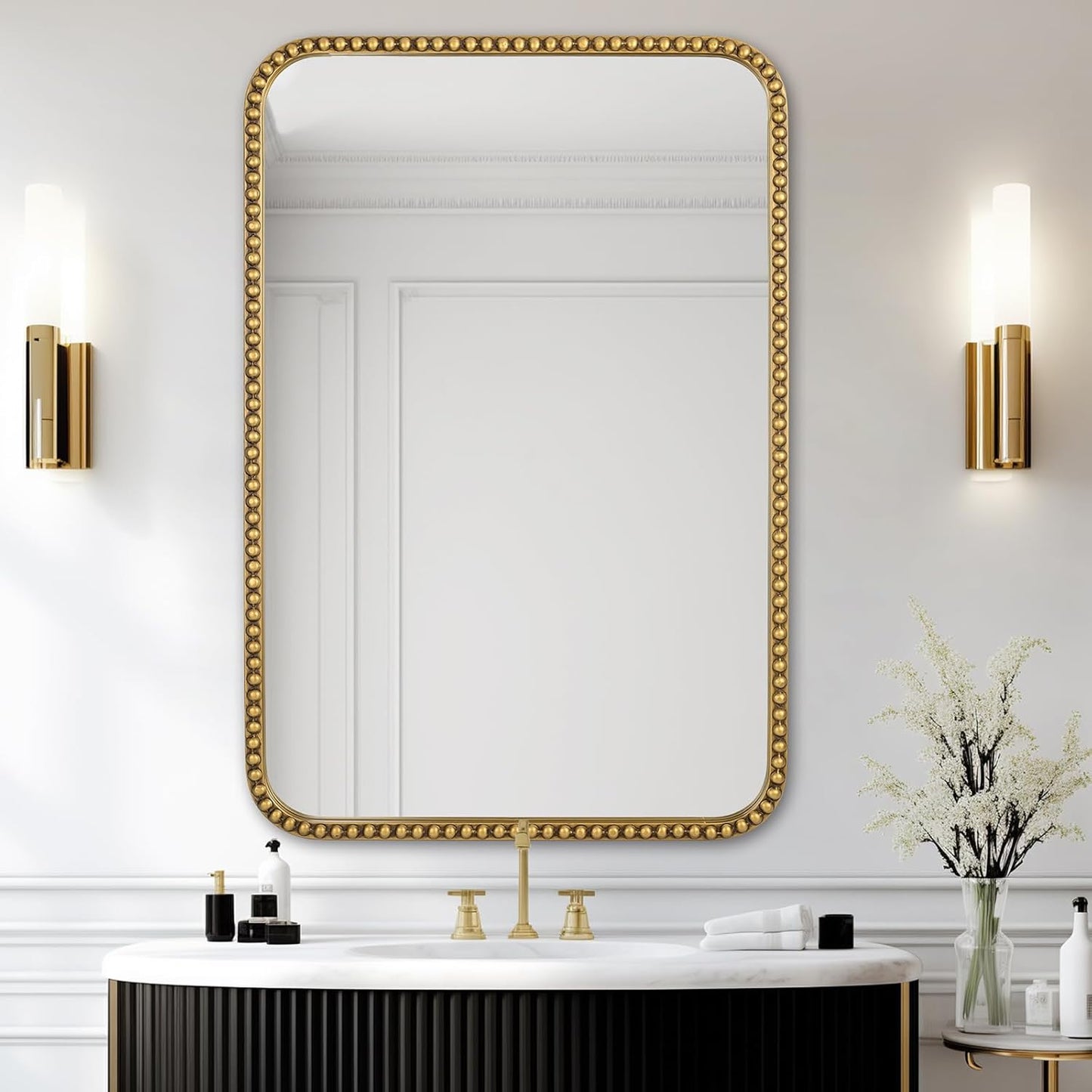 Wall Mirror for Bathroom - 30"x40" Rectangle Rounded Corner Beaded Frame Mirror, Large Vanity Mirror Hangs Horizontal or Vertical, Antique Gold