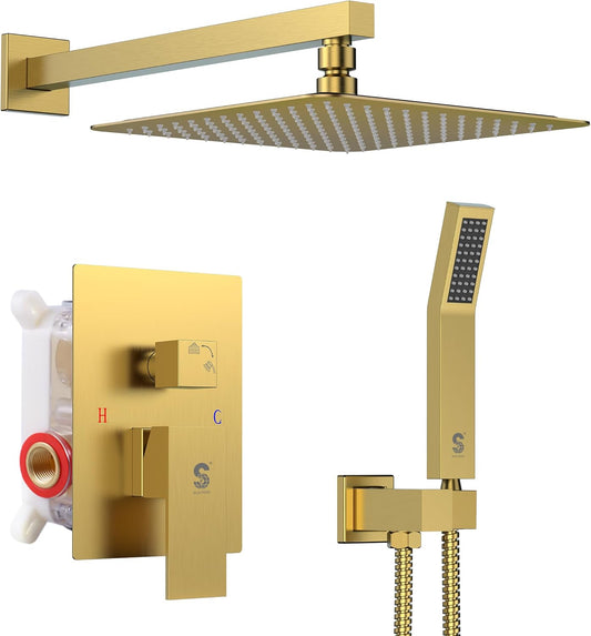 SR SUN RISE Shower Faucets Sets Complete Brushed Gold Square Rain Shower Head with Handheld Spray All Metal Shower Faucet Trim Repair Kits (Contain Shower Valve)