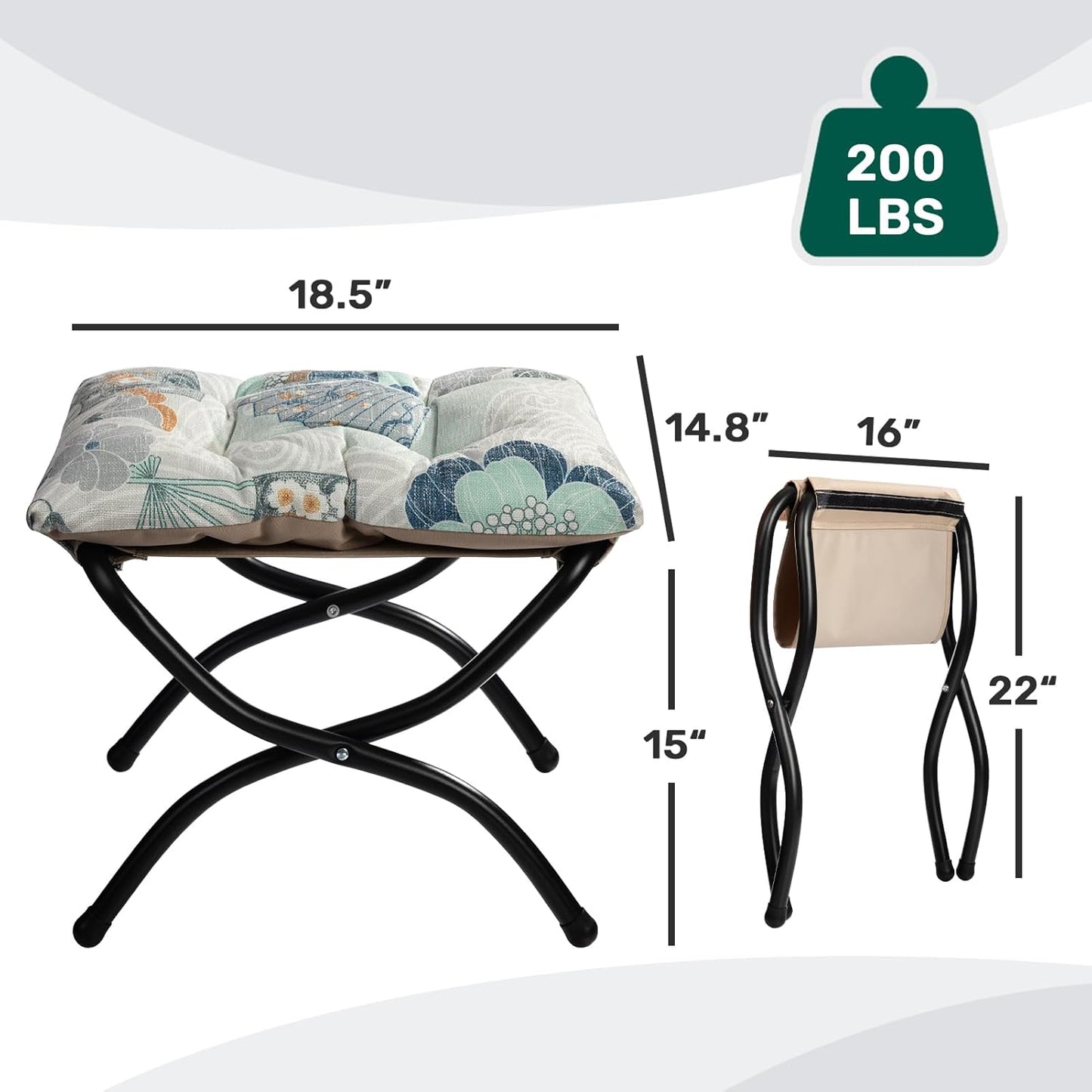 HollyHOME 15"(H) Folding Footrest Stool, Upholstered Small Foldable Ottoman, Accent Padded Sofa Foot Stool for Lazy Chair, Metal Frame Portable Foot Rest Ottoman for Living Room, Bedroom, Fan Print