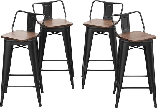26 Inch Swivel Bar Stools Set of 4 with Backs Counter Height Industrial Metal Barstools Island Bar Chairs for Home Kitchen Dining Room (Swivel 26 inch,Matte Black Wooden)