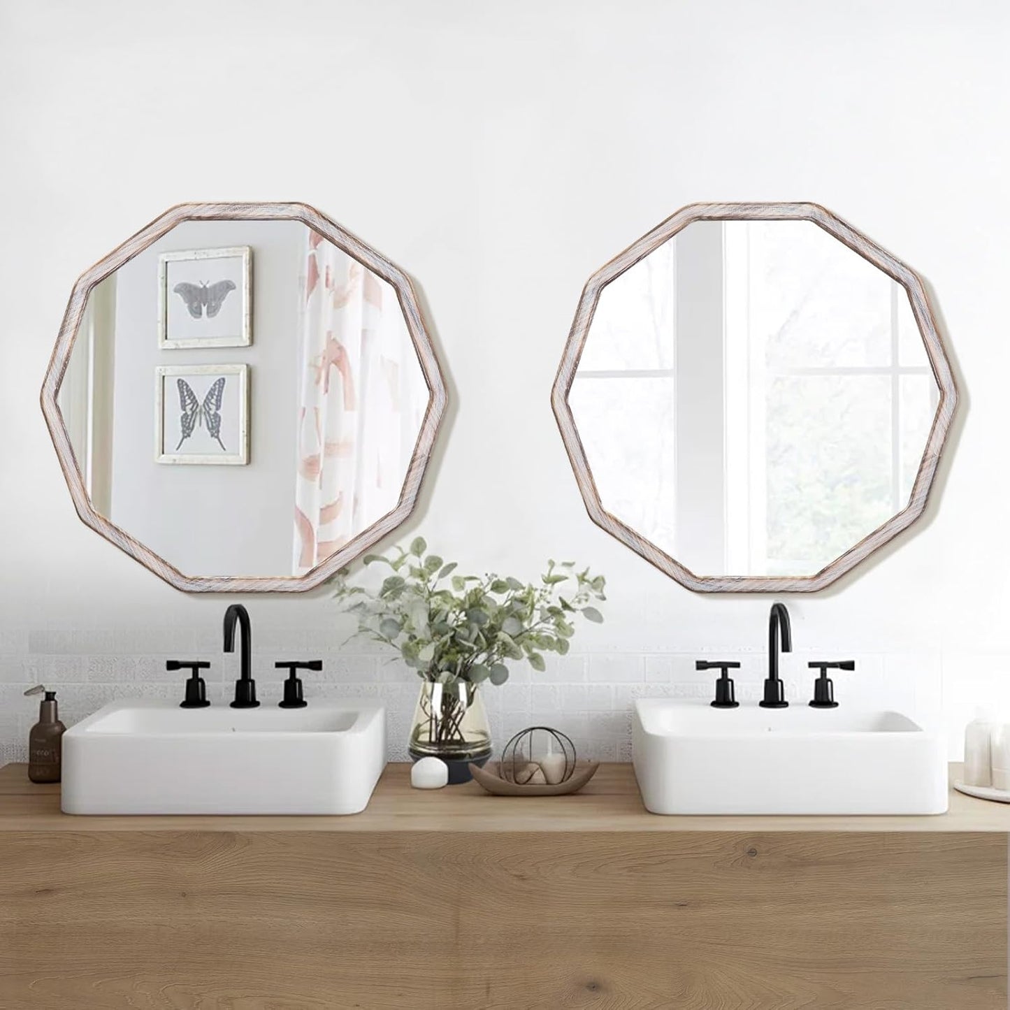 ULIKE White Wood Mirror for Wall, 24 Inch Rustic Farmhouse Mirror with Wood Frame, Decorative Wall Mounted Vanity Mirrors for Bathroom Bedroom Living Room Entryway