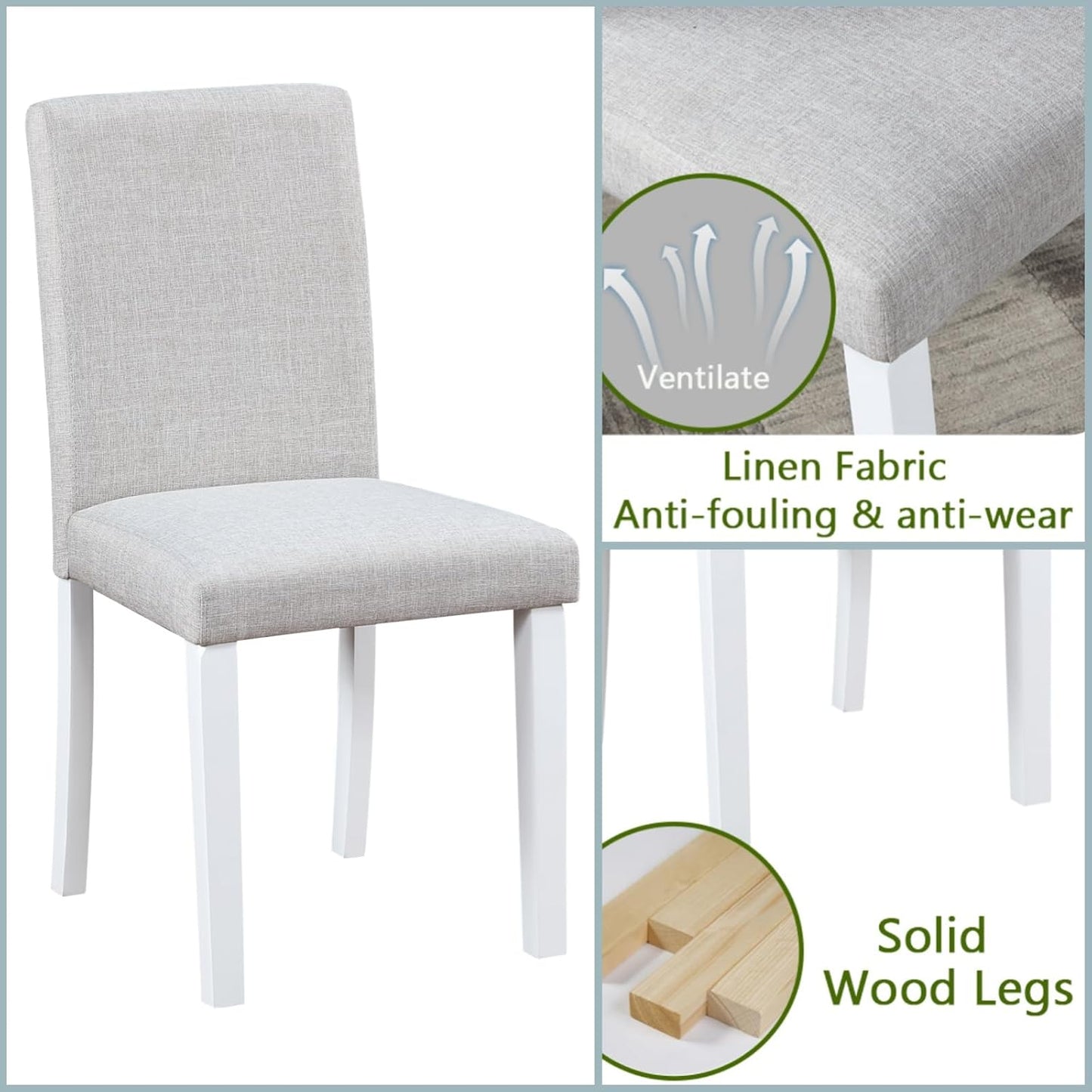 Dining Table Set for 4, 5-Piece Kitchen Table & Chairs Set with Versatile Square Table & 4 Upholstered Chairs, 34.5'' Dinner Set with Crystal Decorations & Wood Grain Design, Light White