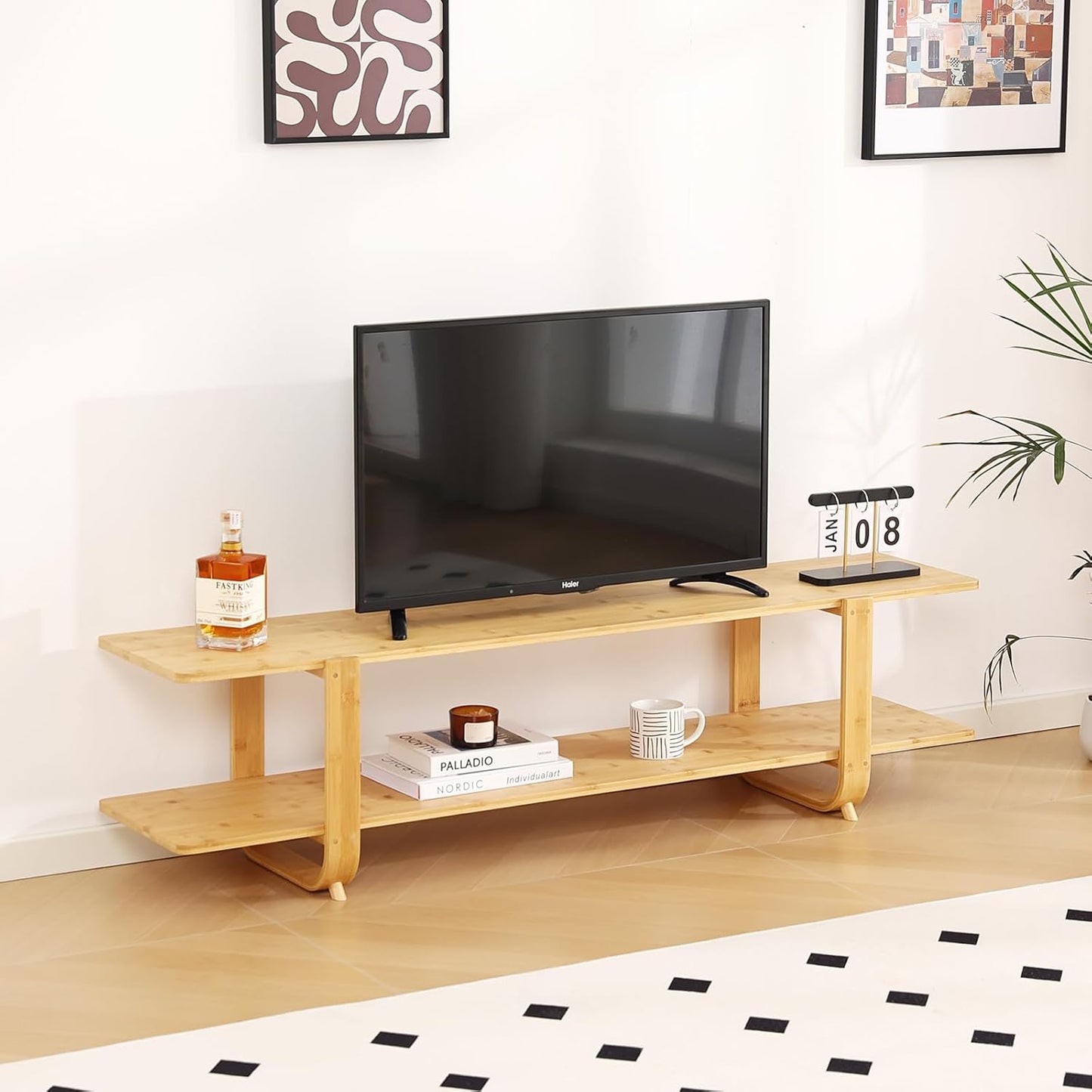 Tiita Bamboo TV Stand for 55 Inch TV, Entertainment Center with 2 Open Shelf, Mid Century Modern Media Console for Living Room, Bedroom, Wood