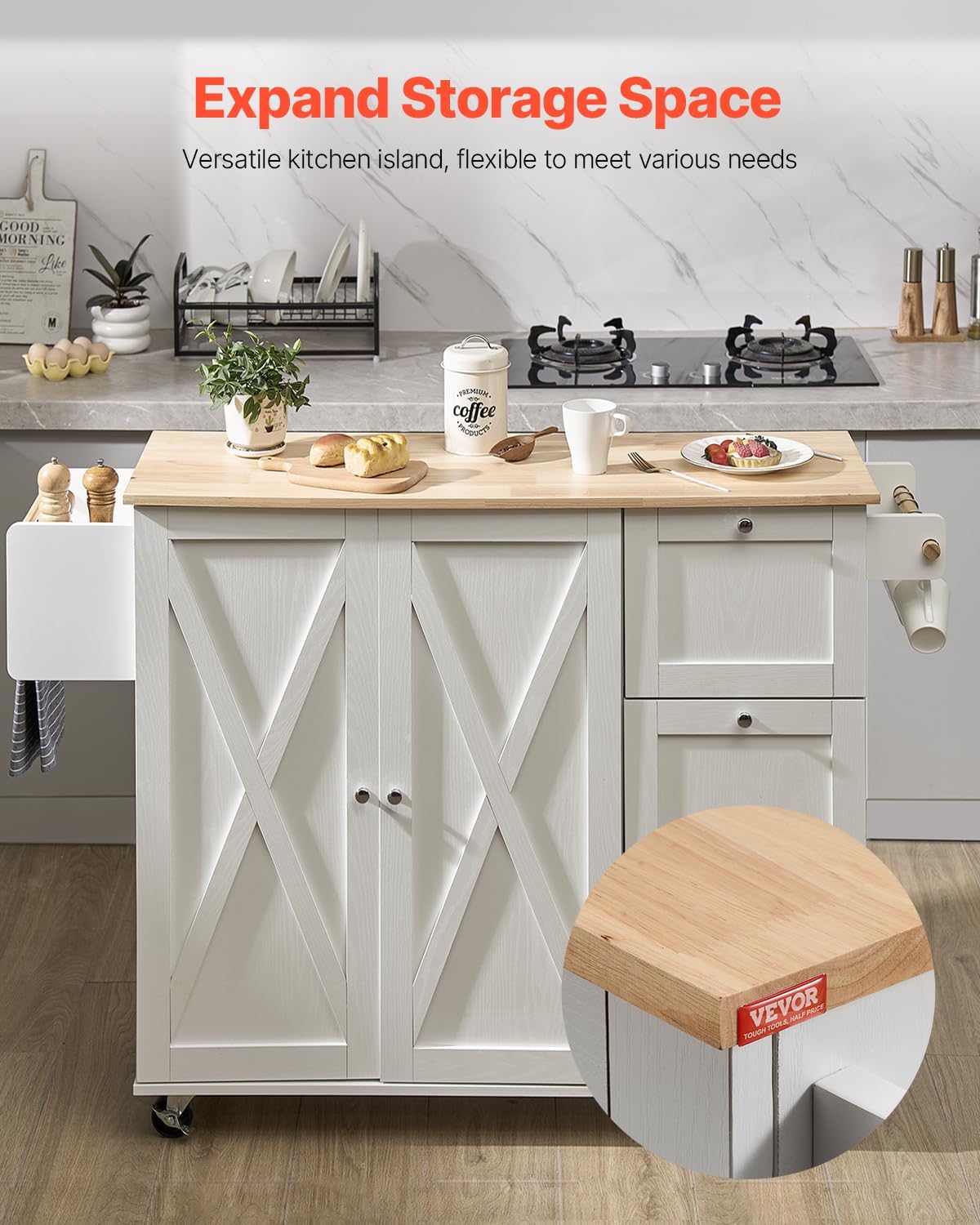 VEVOR Kitchen Island Cart, 45.3x39 inch Rolling Kitchen Table, Mobile Carts with Storage Cabinet and Solid Wood Top, Portable Islands with Wheels, Spice Rack, Towel Rack, Drop Leaf and Drawer, White