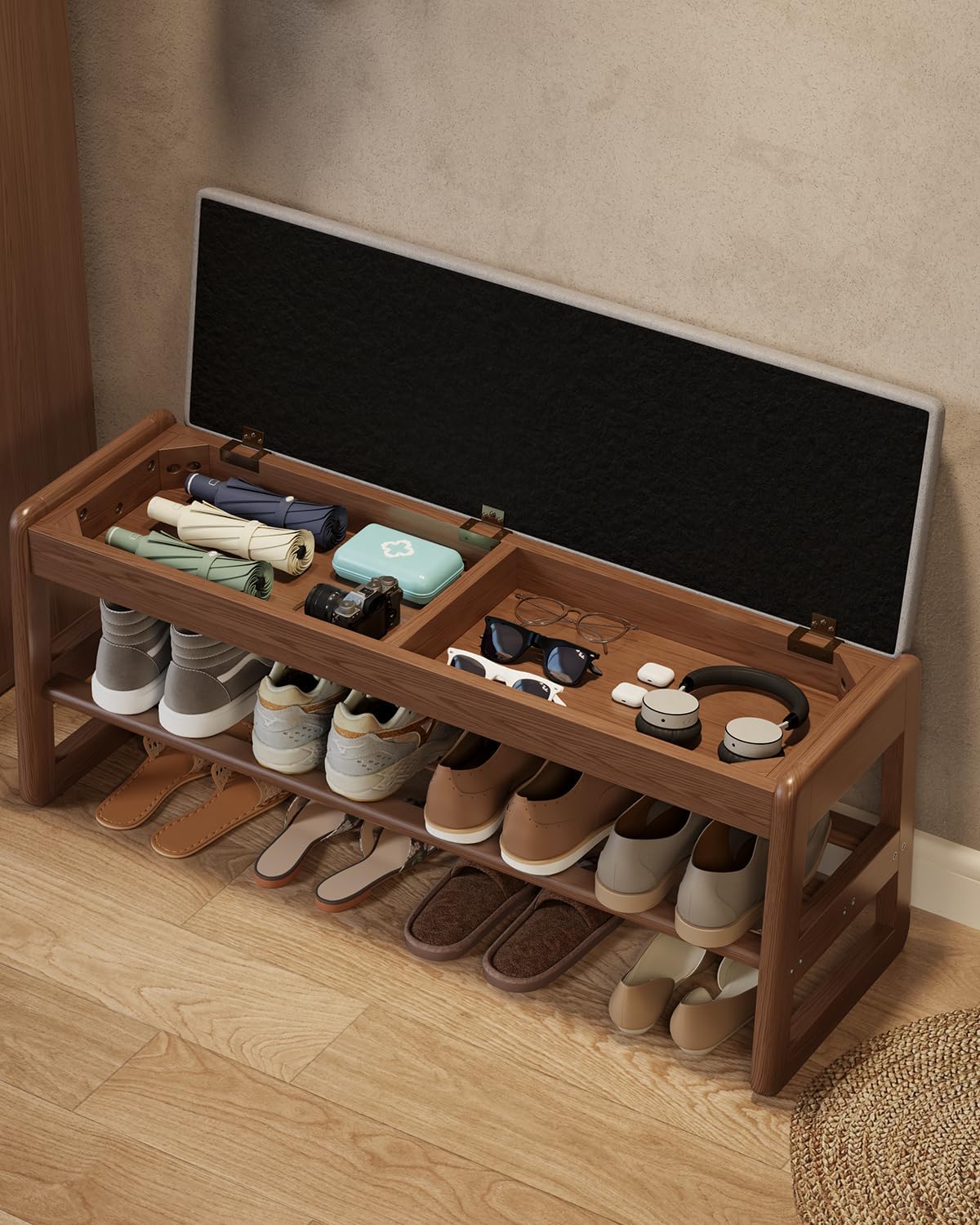 Shoe Rack Bench with Cushion, 2 Tiers Shoe Bench with Flip-Top Storage,Wood Shoe Rack for Entryway,Hallway（Walnut,39.3"）
