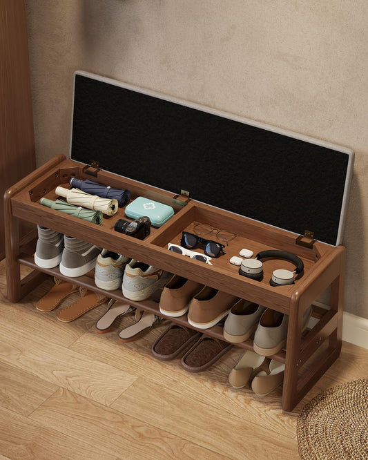 Shoe Rack Bench with Cushion, 2 Tiers Shoe Bench with Flip-Top Storage,Wood Shoe Rack for Entryway,Hallway（Walnut,39.3"）