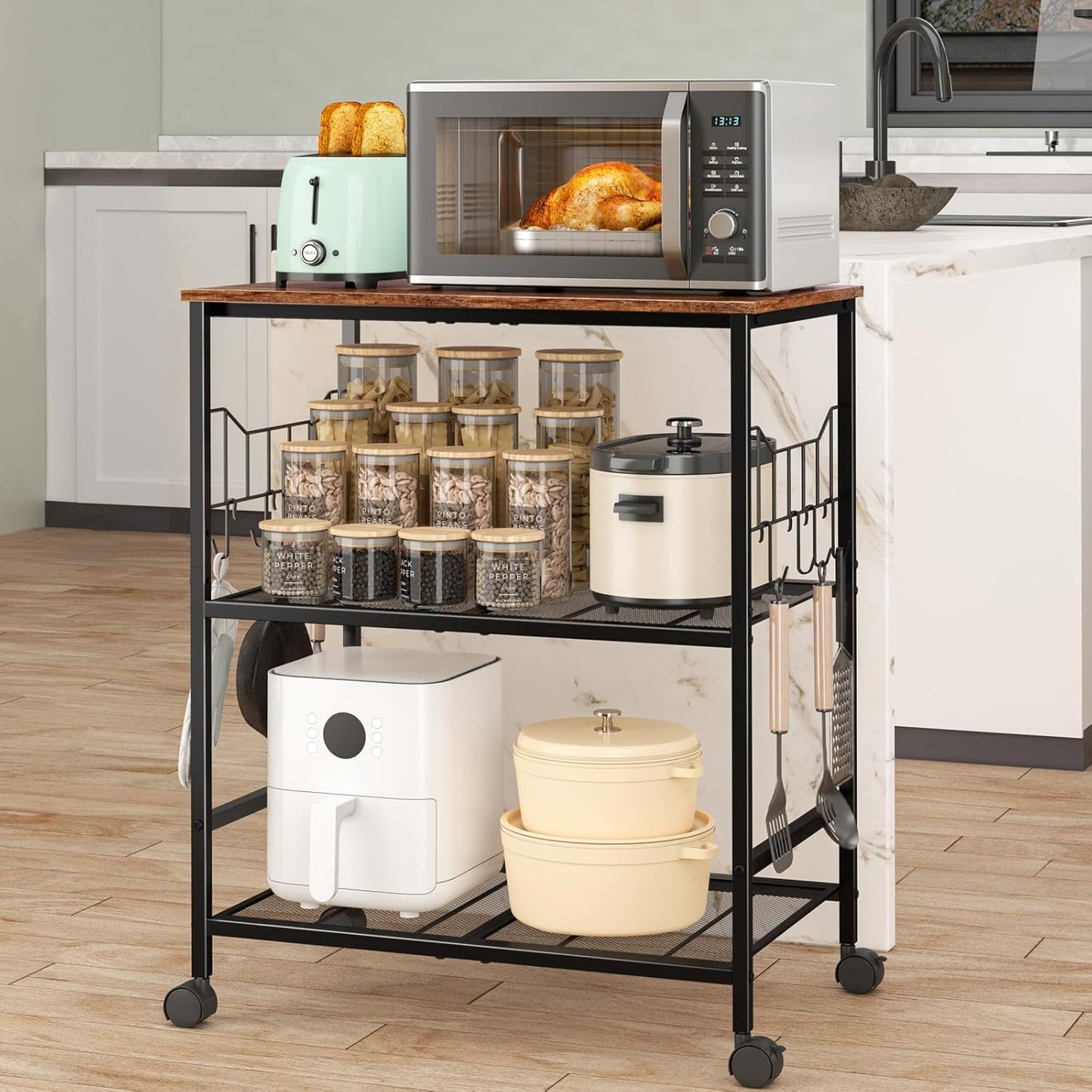 Rolling Kitchen Microwave Cart with Wheels, 3 Tier Microwave Storage Cart with Adjustable Shelves, Coffee Table, Utility Cart for Kitchen, Living Room, Office, Laundry Room