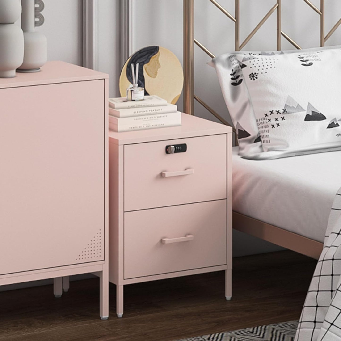 Metal Nightstand-LX (2 Drawer, Pink)