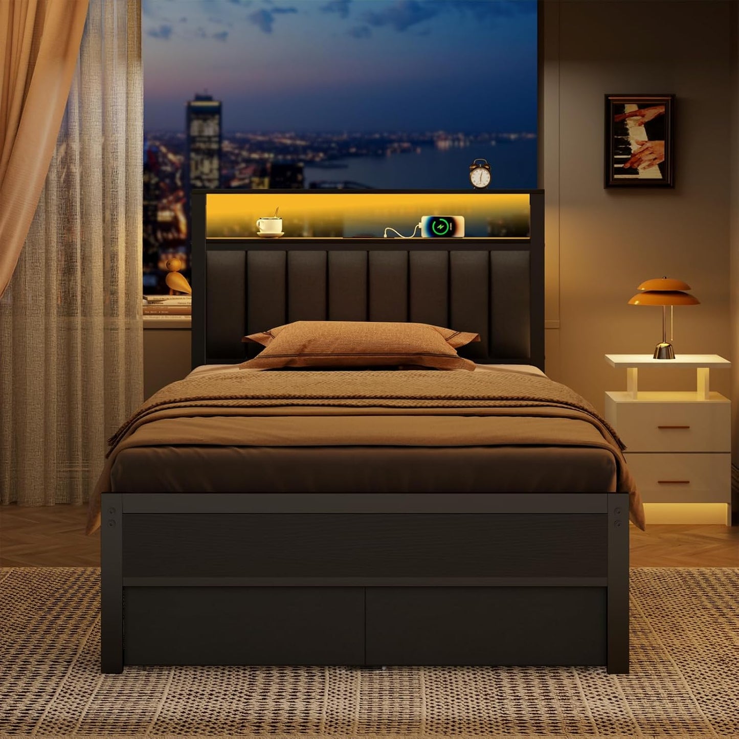 Furnulem Twin Bed Frames with Charging Station and LED Lights, Grey Upholstered Headboard with Shelves, Metal Platform Bed with 2 Under-Bed Storage (Fabric Drawer on Wheels), No Box Spring Needed