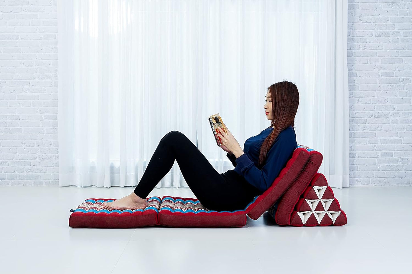 Leewadee Comfortable Japanese Floor Mattress - Thai Floor Bed with Triangle Cushion - Futon Mattress - XL Extra Long Thai Massage Mat, 89 x 20 inches, Blue Red, Kapok Filling