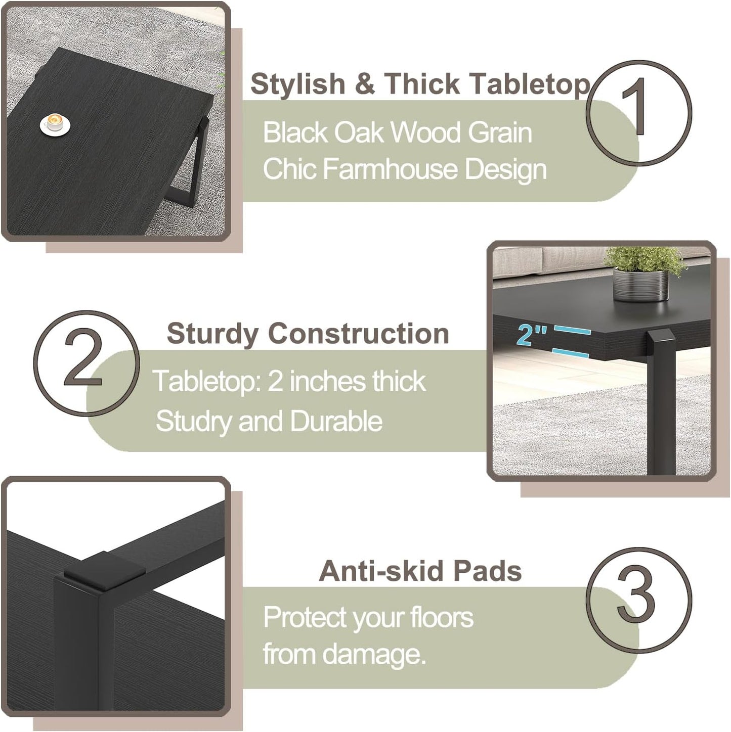 FOLUBAN Black Coffee Table, Modern Industrial Wood and Metal Center Table, Rectangle Cocktail Tea Table for Living Room, 47 Inch