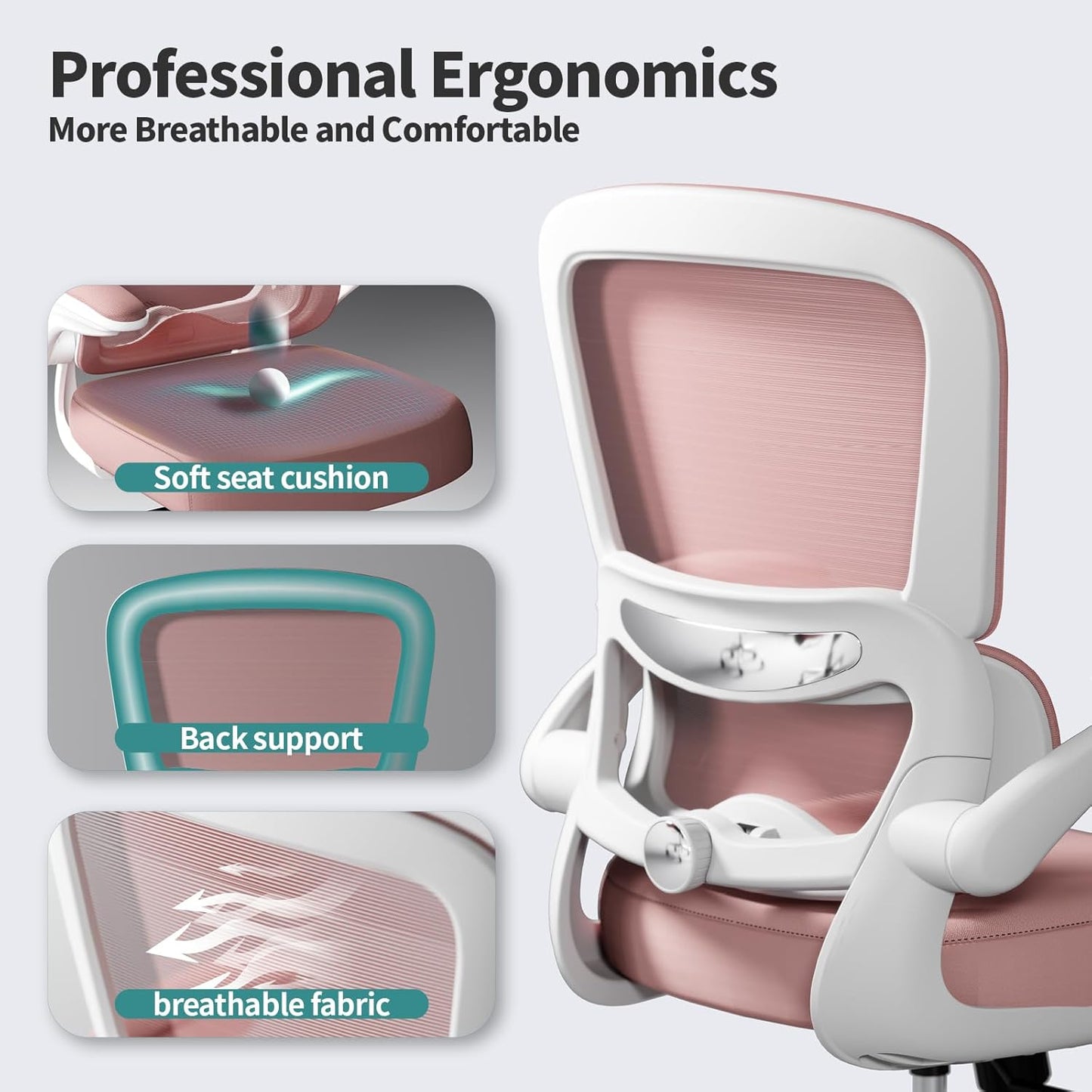 TRALT Office Chair - Ergonomic Desk Chair with Adjustable Lumbar Support, Mesh Computer Chair, Executive Chairs for Home Office Comfortable Lumbar Support (Pink)