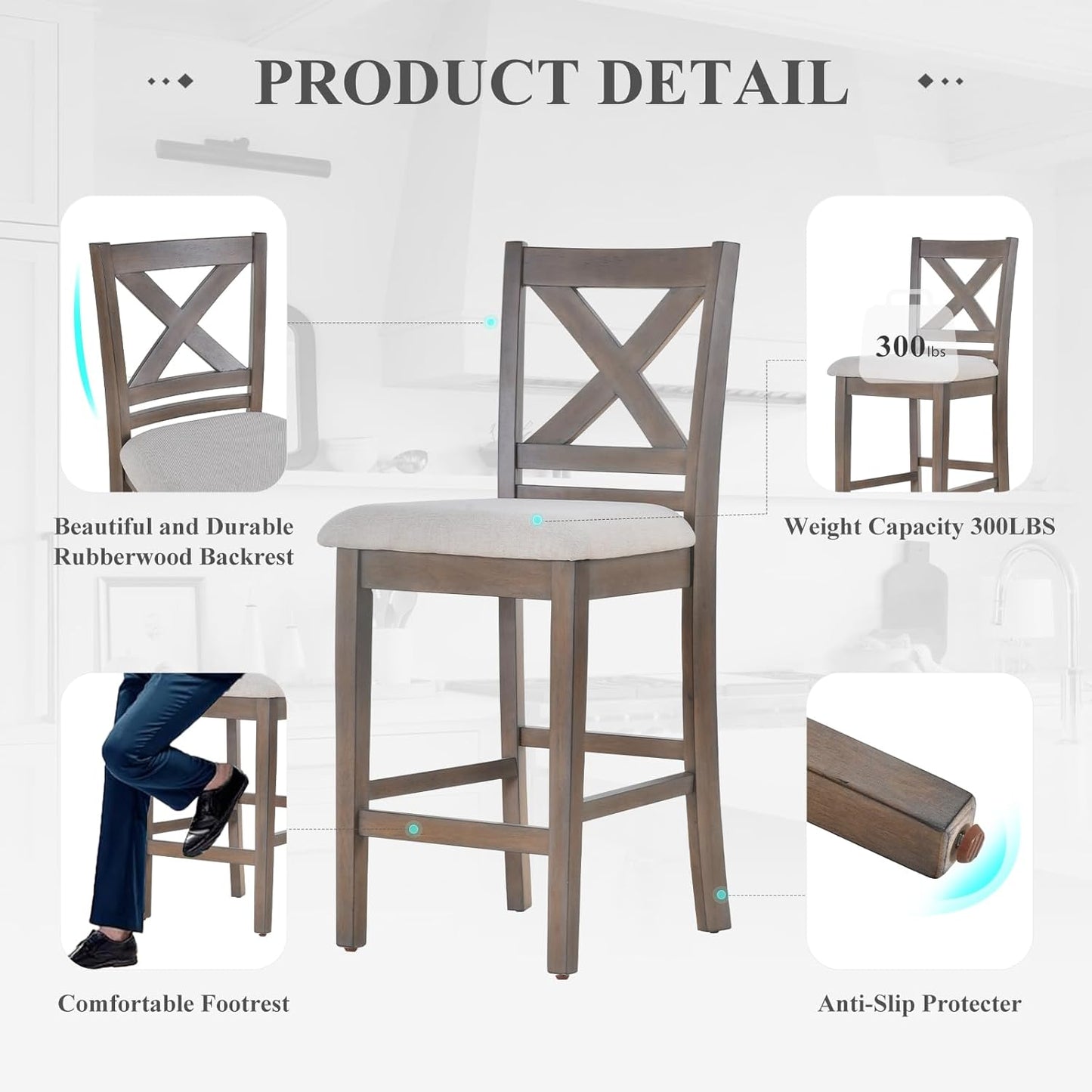 COLAMY Wooden Bar Stools Set of 2, Counter Height Bar Stools, Mid Century Modern Bar Stools with Backs, 25 Inch Upholstered Fabric Wooden Barstools for Kitchen Island Dining Room Bar, Light Brown Wash