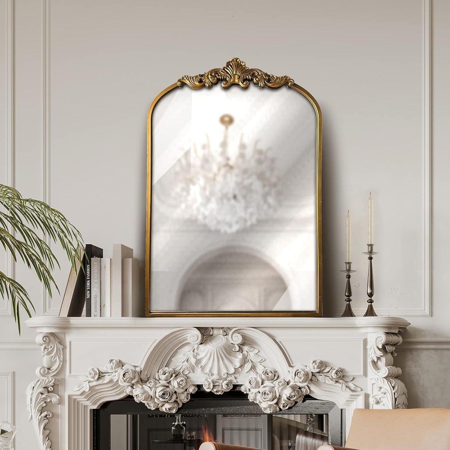 WAMIRRO Arched Gold Mirror,Gold Traditional Vintage Ornate Baroque Mirror,Antique Brass Mirrors,Wall Mounted Mirrors for Entryway/Fireplace/Living Room/Hallway/Bathroom.36“X24”Gold