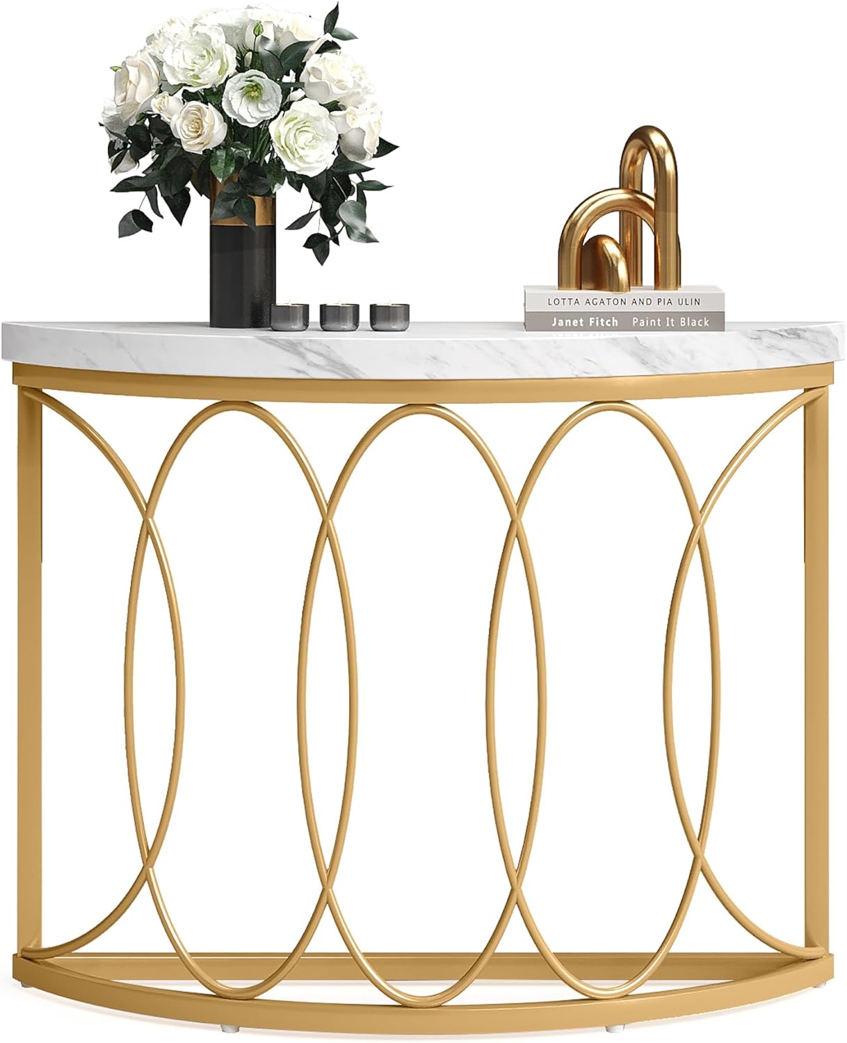 LITTLE TREE Half Moon Gold Console Table, 43 Inch Modern Faux Marble Entryway Table, Narrow Semi Circle Sofa Accent Table with Geometric Metal Frame for Living Room, Hallway