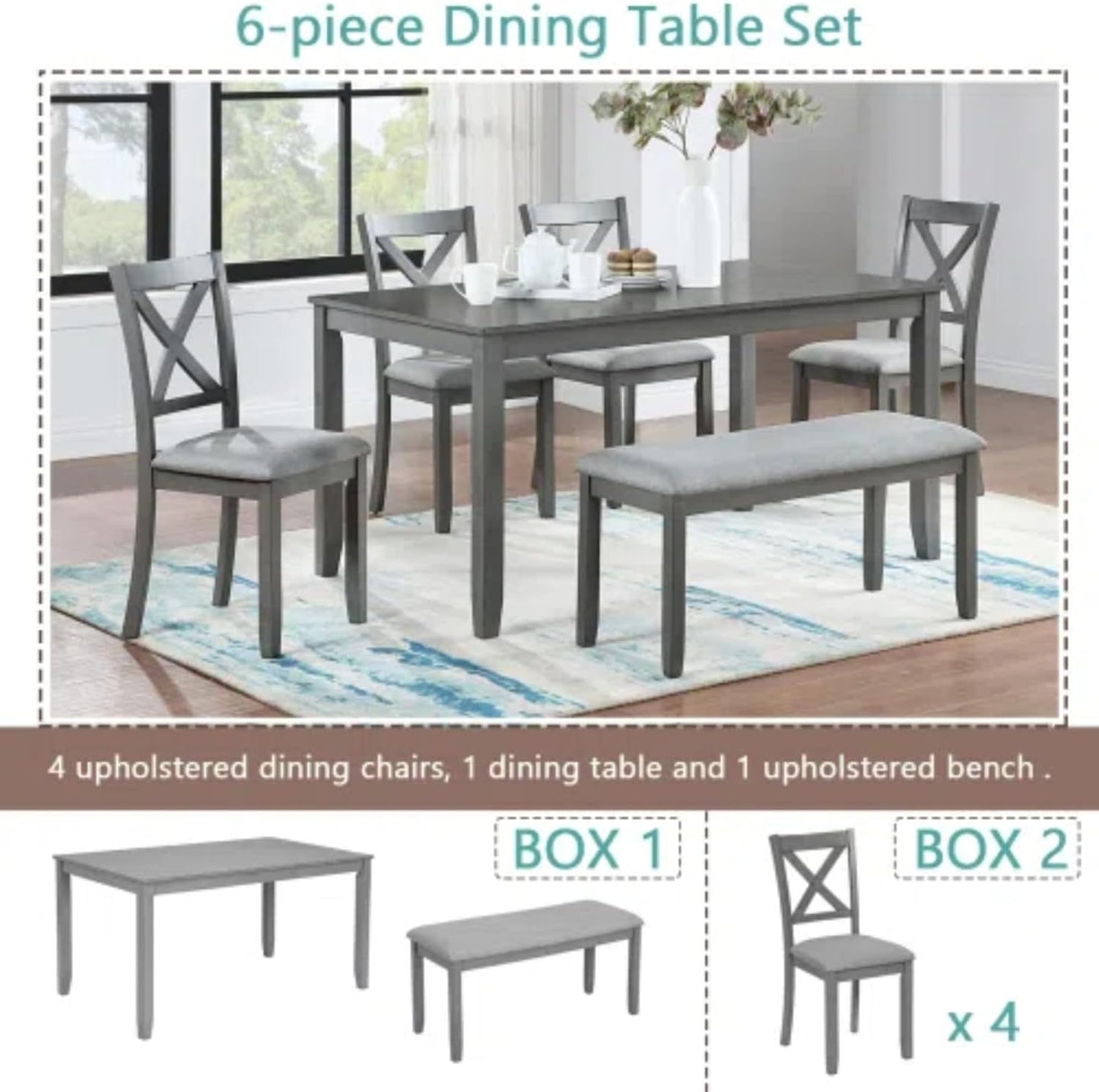 6-Piece Dining Table Set for 4-6 People, Kitchen Set with 4 Upholstered Chairs and One Bench, Living Room Chairs with X-Shape Backrest, Rectangular Wooden Table for Home Bar and Kitchen, Gray