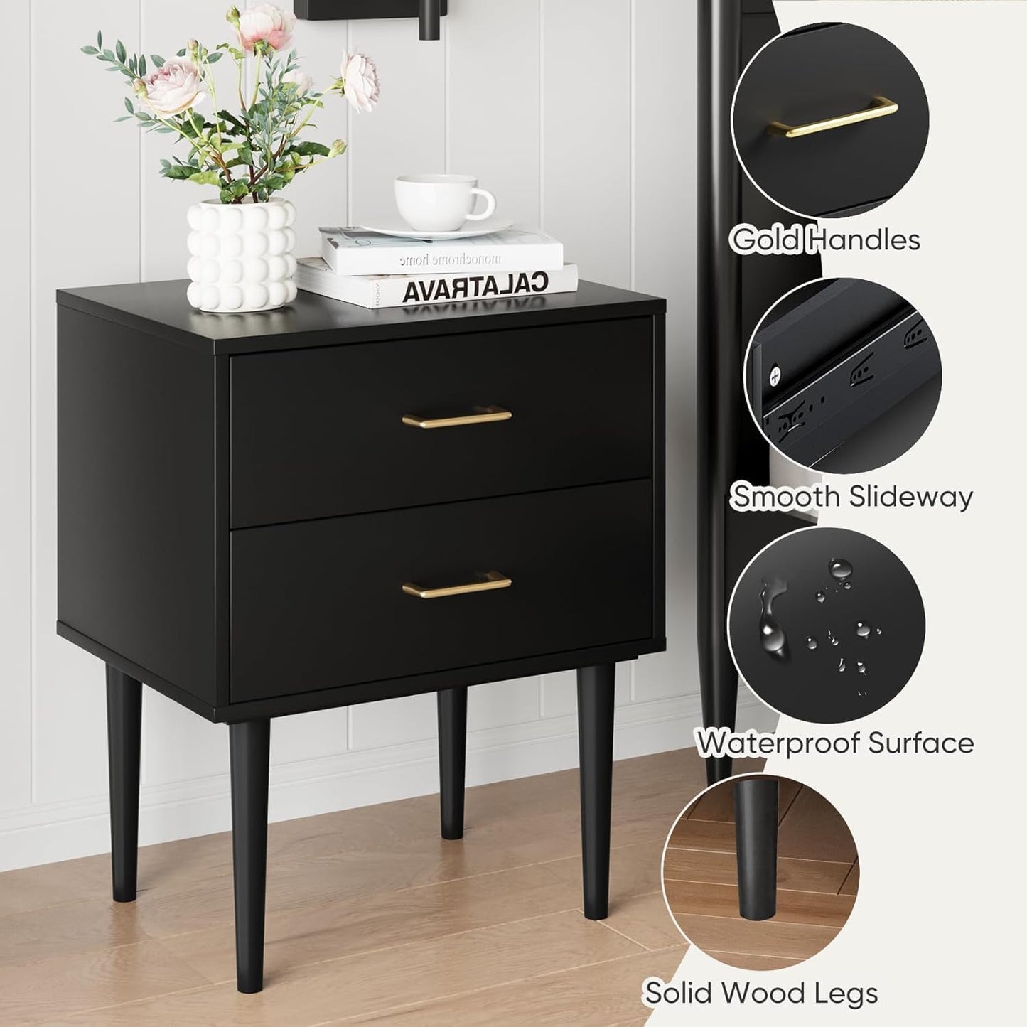 Smart FENDE 26 inch Tall Black Nightstand with 2 Drawers, ModernNight Stand Set of 2, Mid-Century Modern End Table, Wooden Bedside Table with Solid Wood Leg for Bedroom