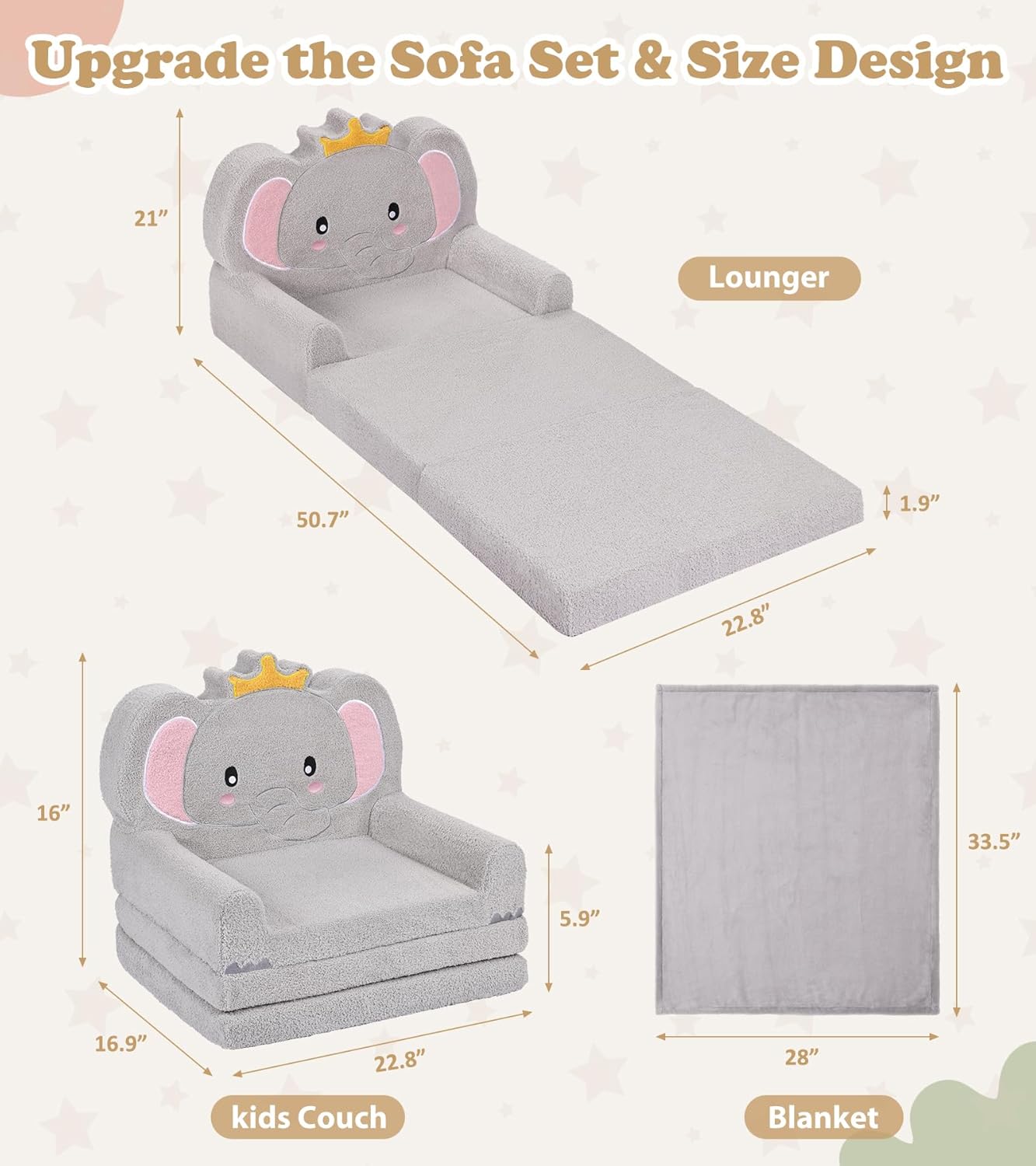 Kids Couch, 2-in-1 Soft Toddler Couch Fold Out with Blanket, Chair Comfy, Foldable Convertible Plush Sofa to Lounger, Gifts for Kids Girl Boys, Elephant