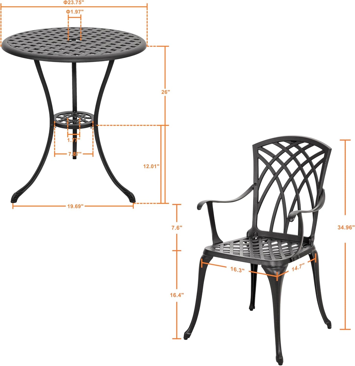 NUU GARDEN Bistro Set 3 Piece Outdoor All Weather Cast Aluminum Patio Bistro Set Patio Table and Chairs Set of 2 with Umbrella Hole for Backyard, Balcony, Front Porch, Lawn, Black