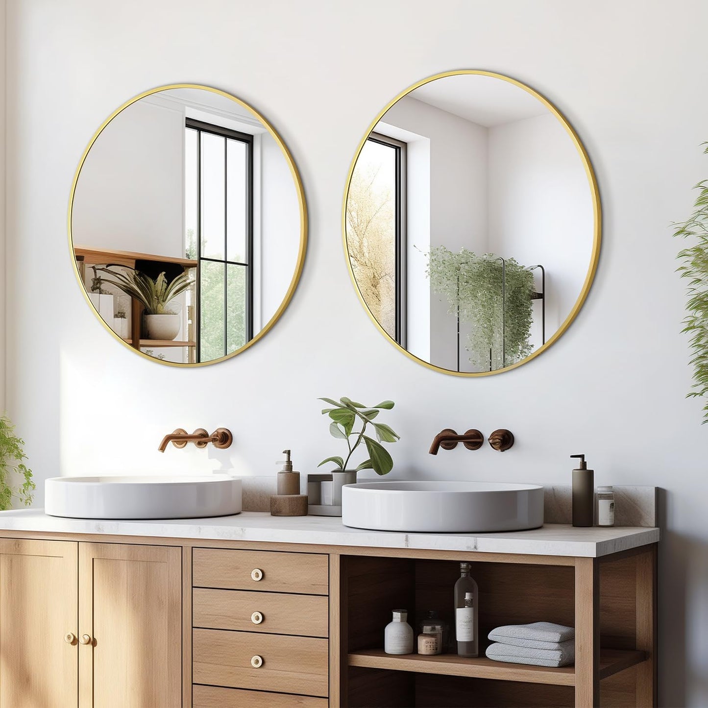 Circular Mirror Gold Round Mirror 18 Inch Round Bathroom Mirror Wall Mirrors Brushed Metal Frame Anti-Rust Tempered Glass for Bathroom Bedroom Entryway Living Room