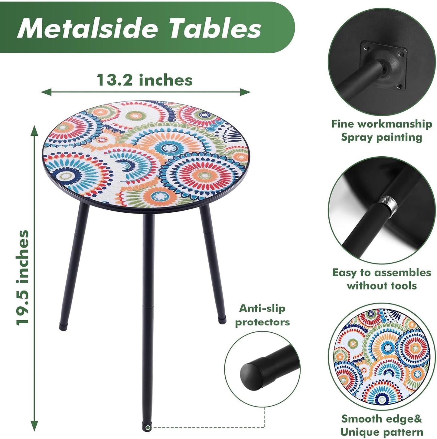1 Pack Metal Mosaic Round Side Table 13.4" Small End Corner Tables for Patio Round Accent Garden Table for Small Spaces for Garden, Balcony, Plant Stand Indoor Outdoor