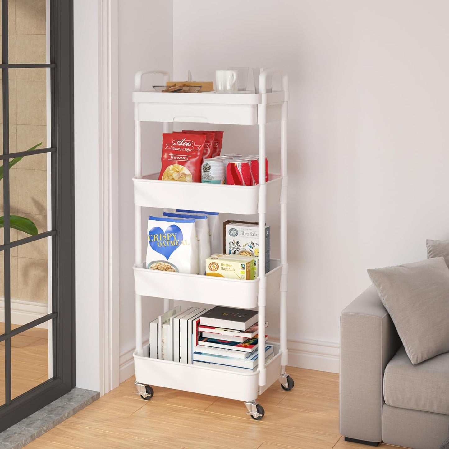 Calmootey 4-Tier Rolling Utility Cart with Drawer,Multifunctional Storage Organizer with Plastic Shelf & Metal Wheel,Storage Cart for Kitchen,Bathroom,Living Room,Office,White