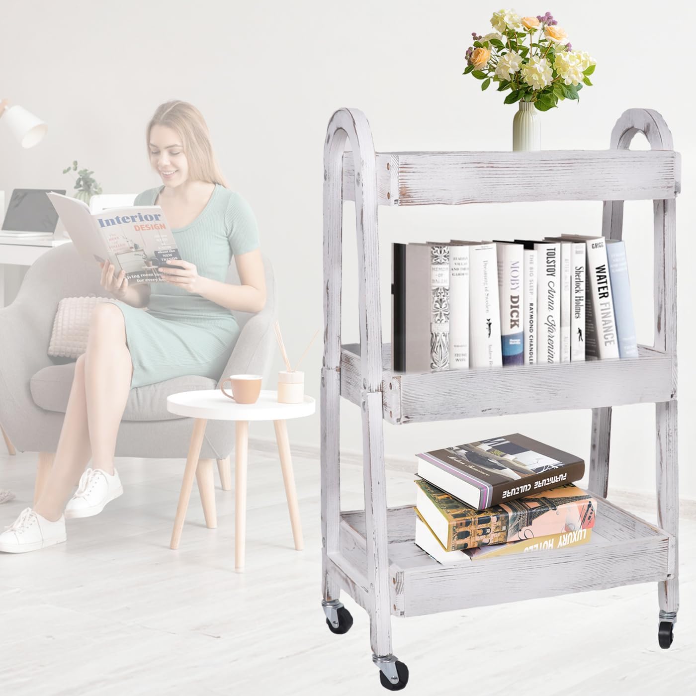 3-Tier Rolling Utility Cart with Lockable Wheels Storage Slim Storage Heavy Duty Cart Mobile Shelving Unit Craft Narrow Organizer for Bathroom Laundry Kitchen (Vintage White)