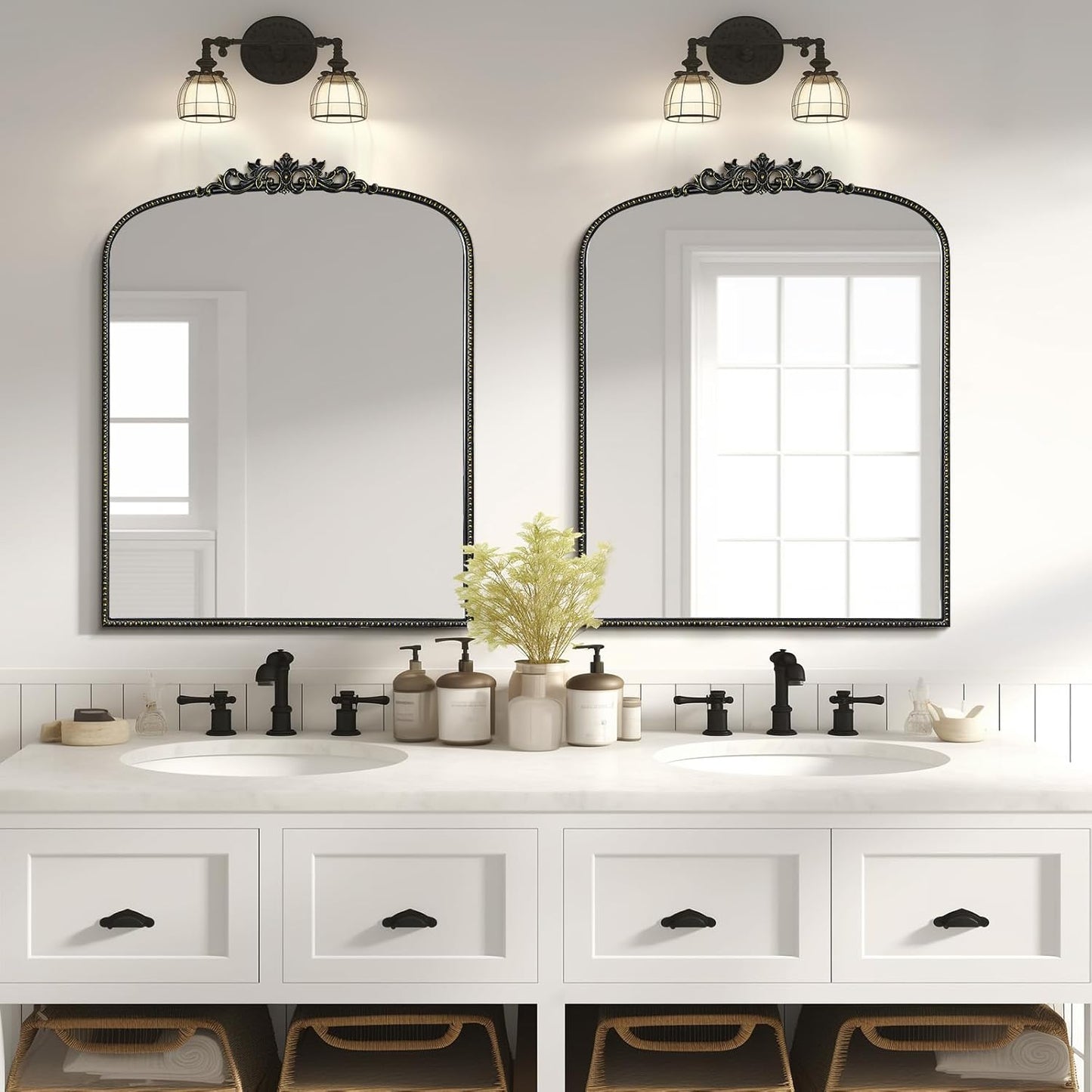 WallBeyond Gold Vintage Arched Mirror, 28x36 Inch, Black Ornate Frame, Wall Mounted, Rectangular, Art Deco Style for Bathroom, Living Room, Bedroom