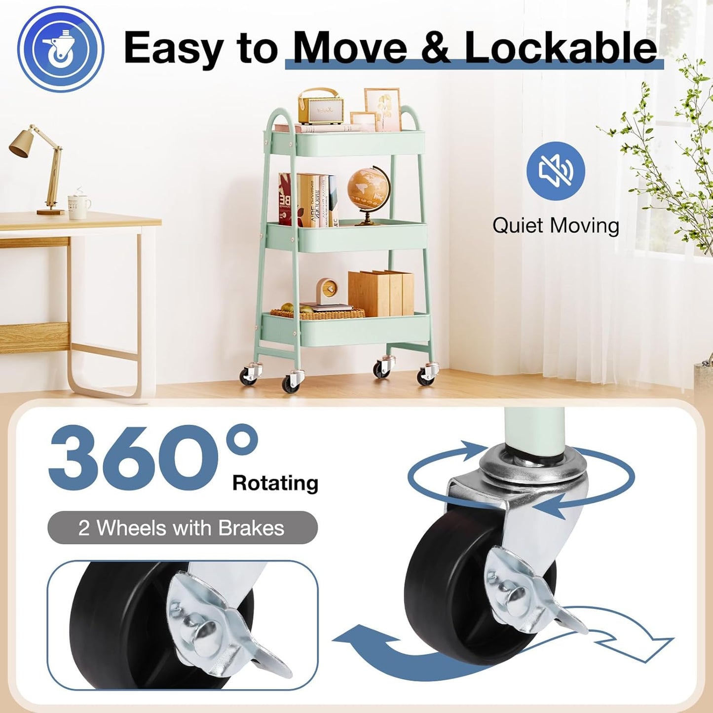 OLIXIS 3 Tier Utility Rolling Cart with Lockable Caster Wheels, Metal Mobile Storage Shelf, Organization for Livingroom, Bathroom, Kitchen, & Narrow Places, Pale Green