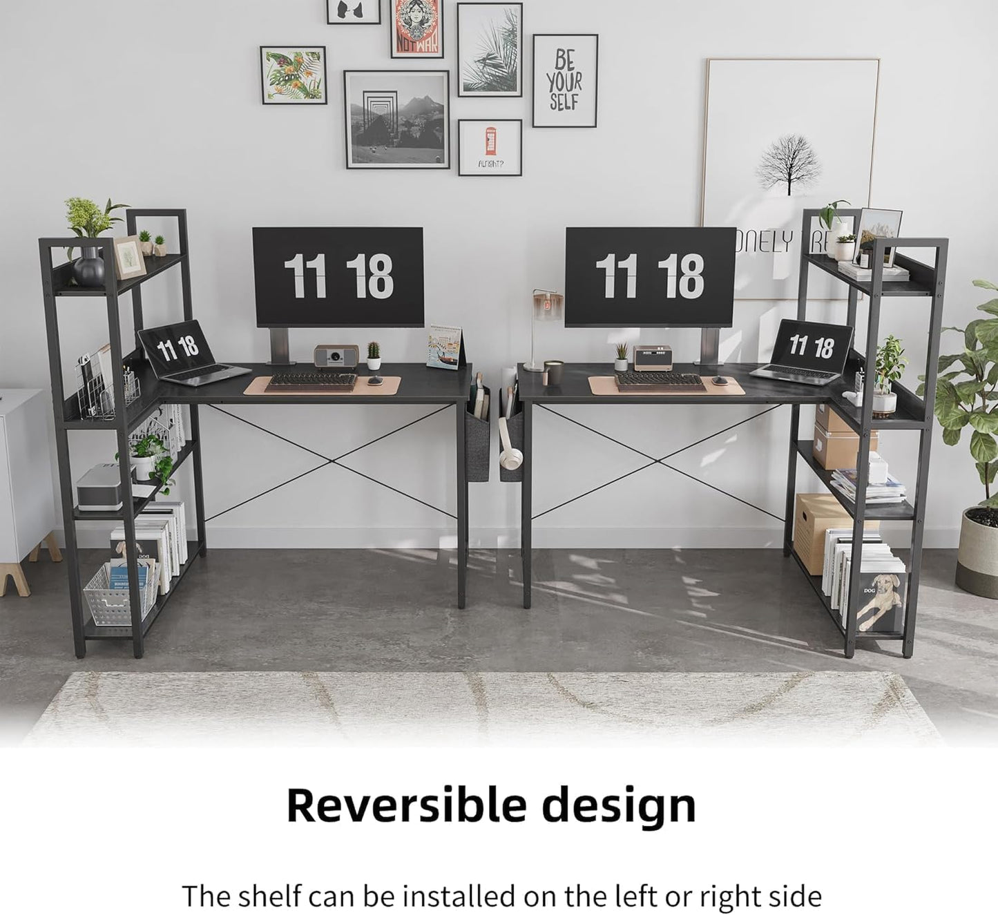 Treesland 47 Inch Computer Desk with Bookshelf, Corner Desk with Storage, L Shaped Desk, Home Office Desks, Writing Study Desk for Bedroom, Black