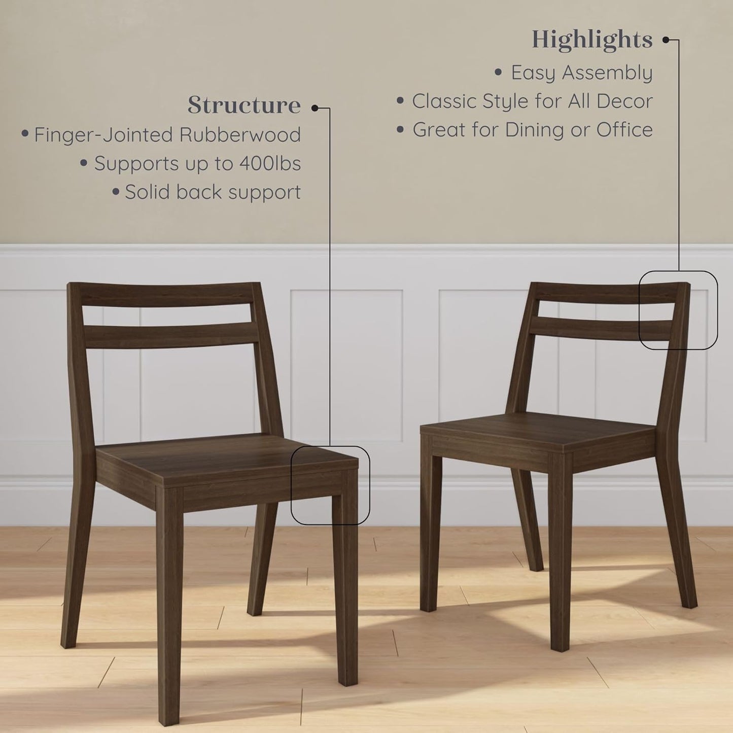 Grain & Grove Davie Dining Room Chairs Set of 2, Solid Wood Modern Kitchen Chair for Living Room, Kitchen, Walnut