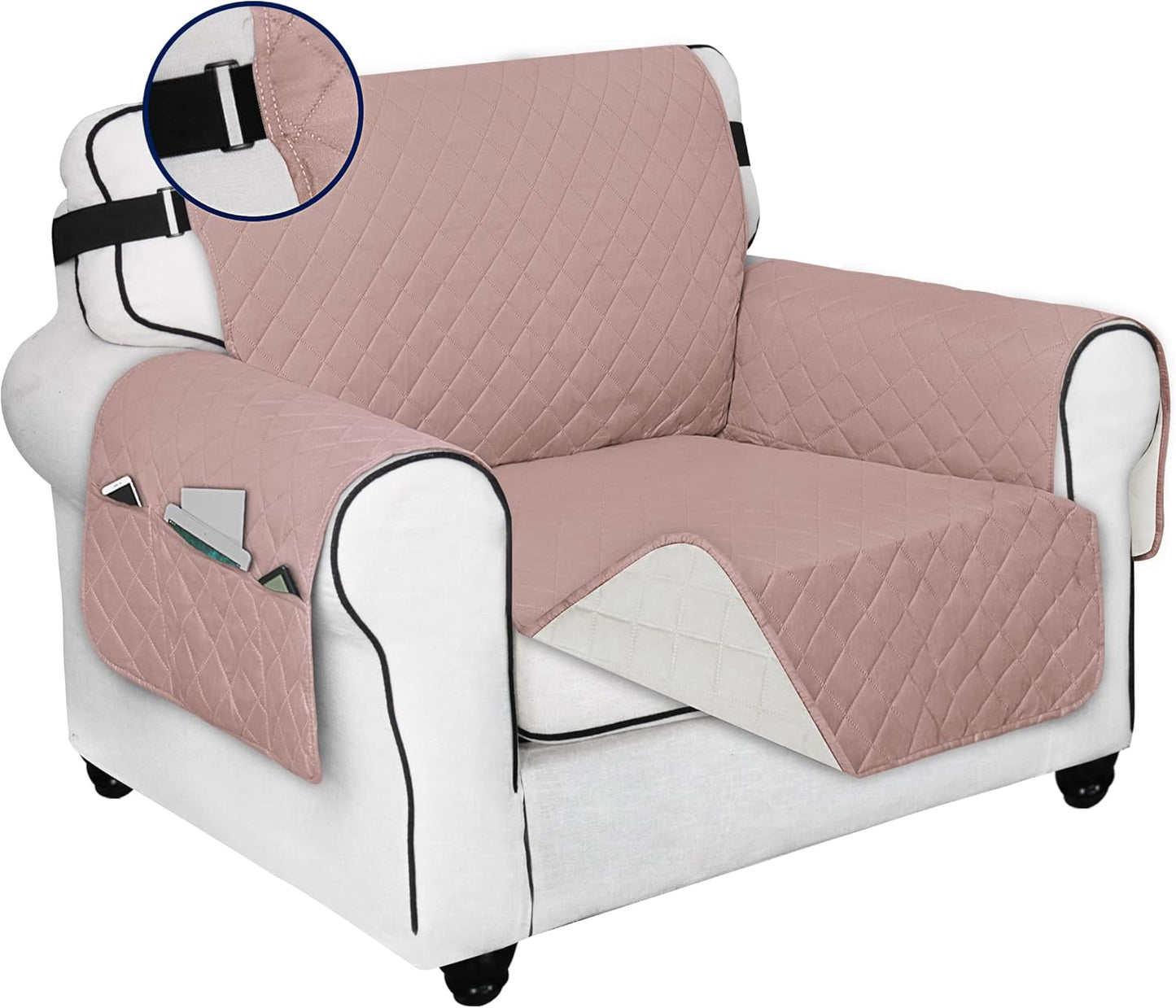PureFit Reversible Sofa Cover Water Resistant Chair Couch Cover, Machine Washable Furniture Cover with Non-Slip Foam and Adjustable Strap for Dogs, Pets (Chair, Pink/Ivory)