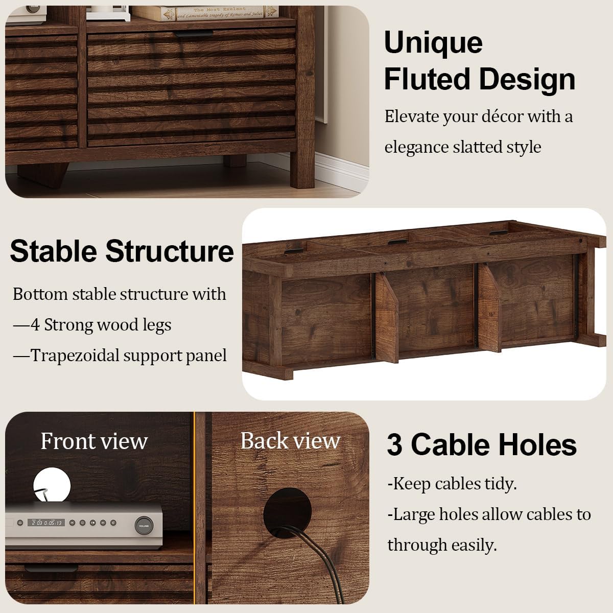 BON AUGURE Fluted TV Stand for 65/55/50 Inch TVs, Brown Modern Entertainment Center with Storage Drawers and Shelves, Wood Television Media Console Cabinet for Living Room,Bedroom (Rustic Oak)