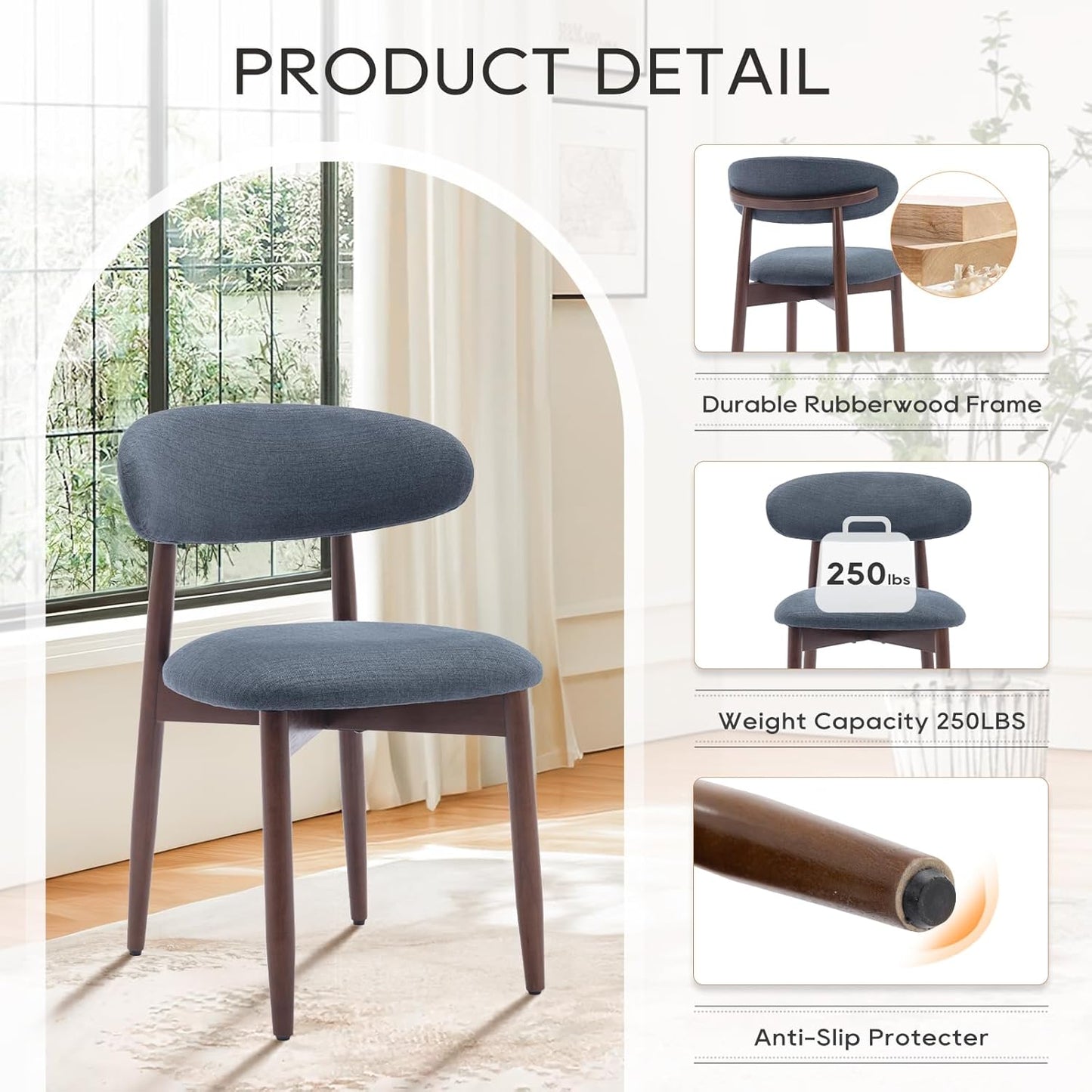 COLAMY Wooden Dining Chairs Set of 2, Modern Fabric Upholstered Dining Room Chair, Farmhouse Kitchen Side Chairs with Foot Pegs, Blue