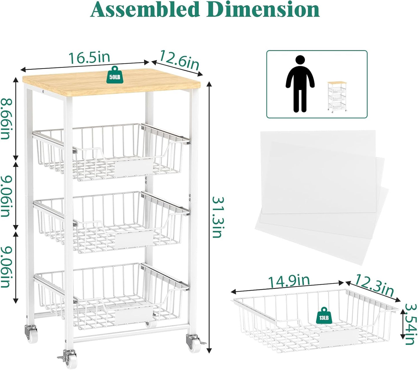 Fruit Vegetable Basket for Kitchen Pantry Storage Organizer, 4-Tier Metal Utility Kitchen Rolling Cart on Wheels with Drawer Rack and Wood Top for Potatoes Onions