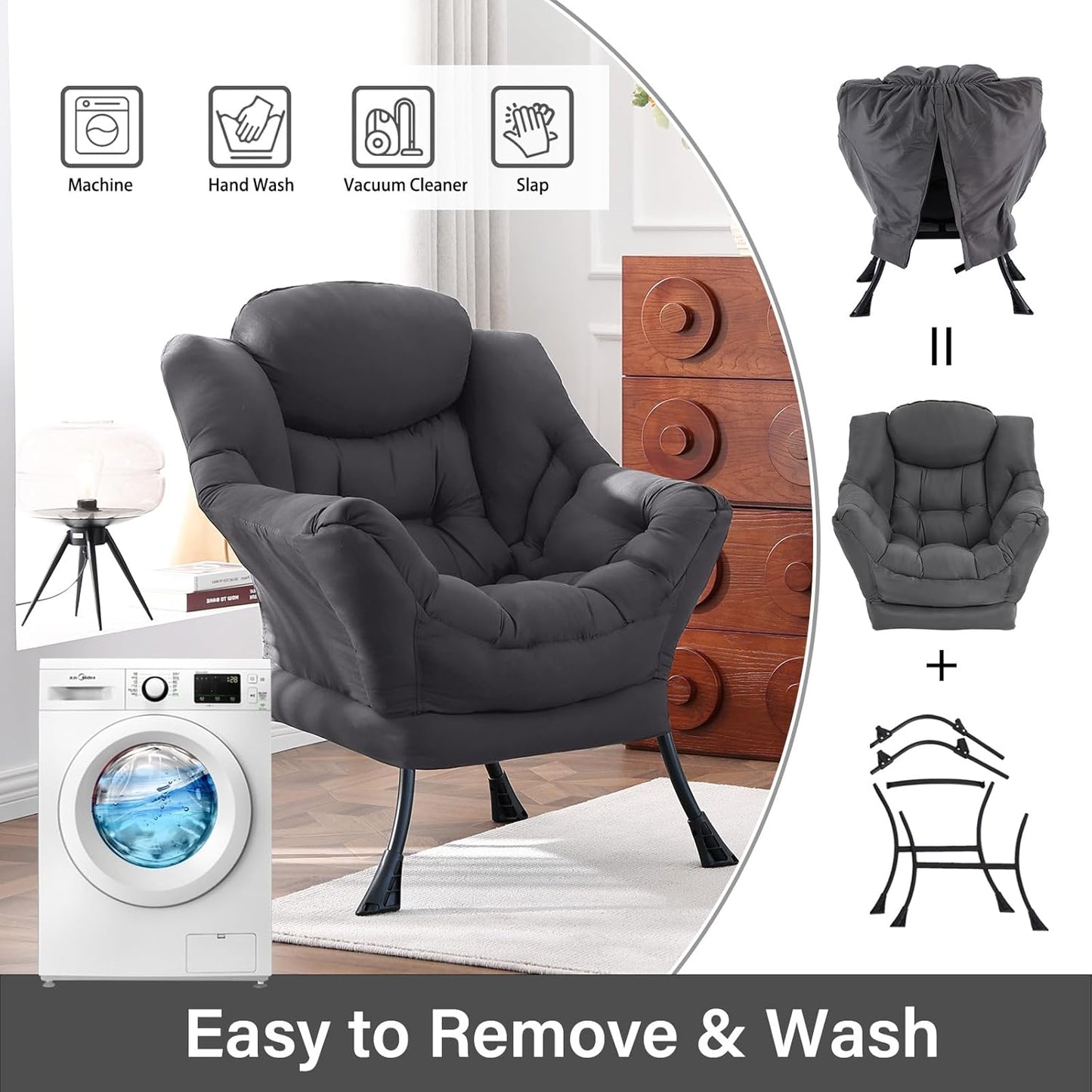 Lazy Chair, Reading Armchair, Large Modern Lounge Accent Chair, Leisure Sofa Chair for Living Room, Bedroom, Dorm Room, Dark Grey