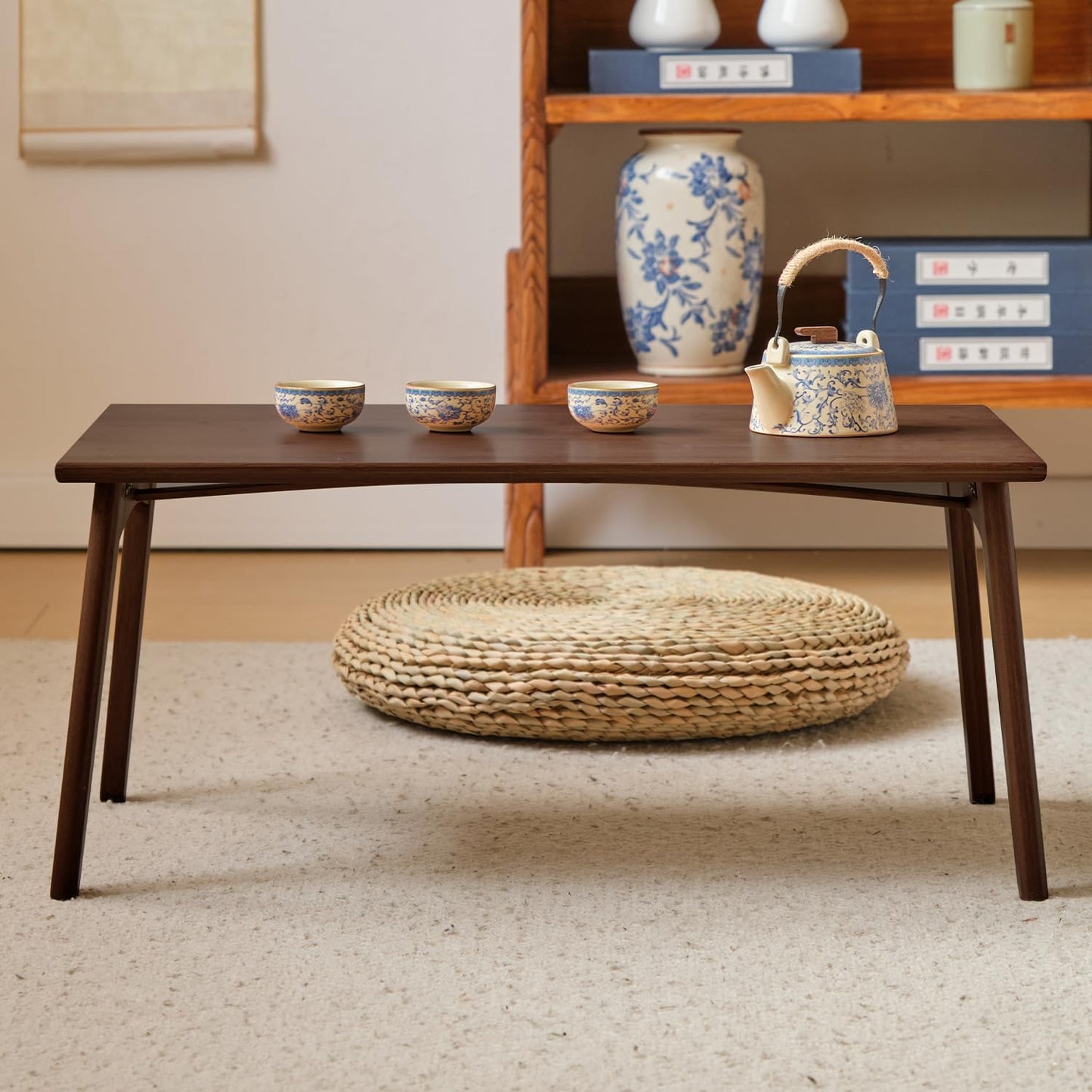 Japanese Floor Table No Assembly Required Bamboo Folding Walnut Coffee Table Bedroom 26x15.8x11.8in Furniture Low Tea Table for Sitting on The Floor Chestnut Large