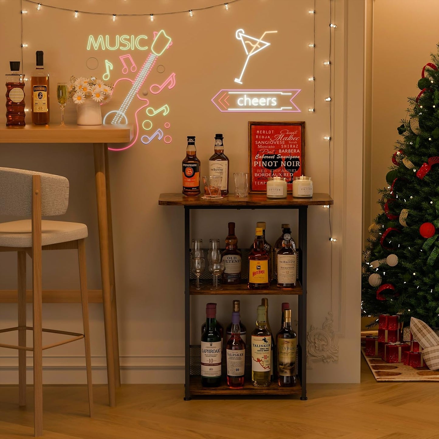 Floor Standing Freestanding Whiskey Rack: 3 Tier Wine Rack Mini Bar Table Corner Wine Bottle Display Stand Liquor Cabinet Bar, for Bottles,Cocktail Shaker,Mugs