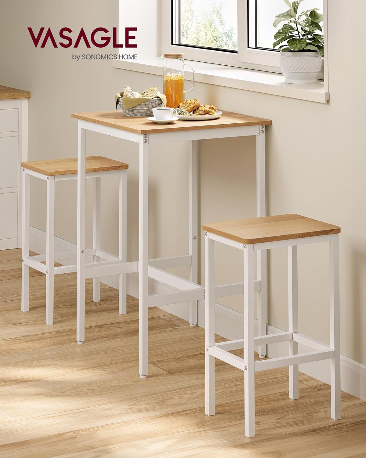 VASAGLE Bar Table and Chairs Set, Square Table with 2 Stools, Dining Pub Set for 2, Space Saving for Kitchen Breakfast, Living Room, Party Room, Golden Oak and Cloud White