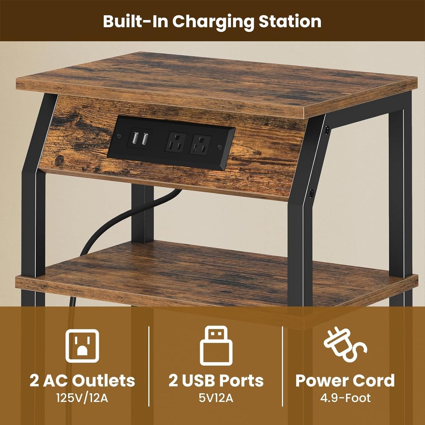 Tall Side Table with Storage, 3-Tier Small End Table with Charging Station, Narrow Bedside Table Stand, Space-Saving Nightstand for Living Room, Bedroom,Office, Rustic Brown