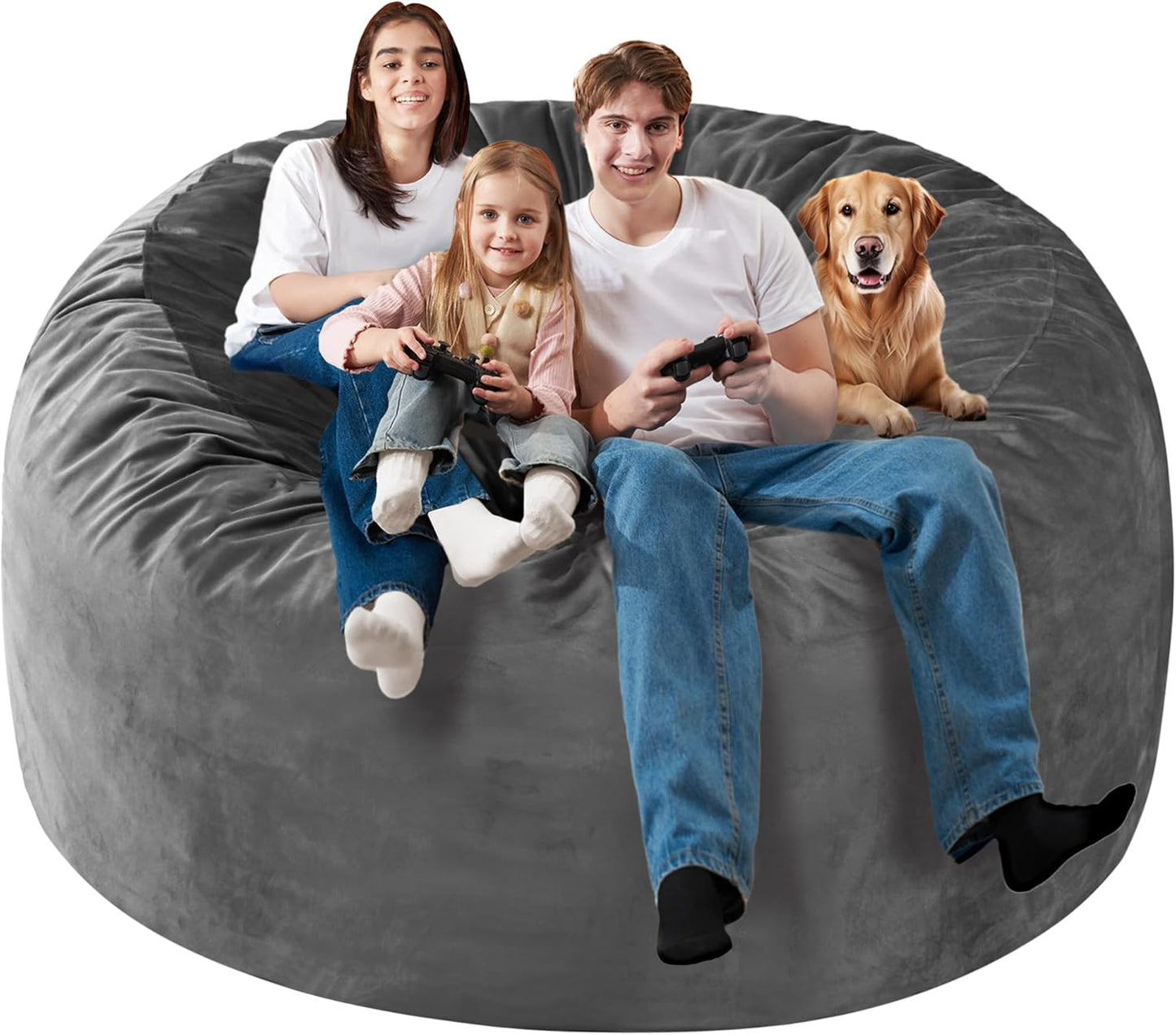 Homguava 6FT Bean Bag Chair Giant BeanBag with Memory Foam Filled, Large Bean Bag Chairs for Adults, Adult Bean Bag Chair with Dutch Velvet Cover for Living Room Bedroom-Grey