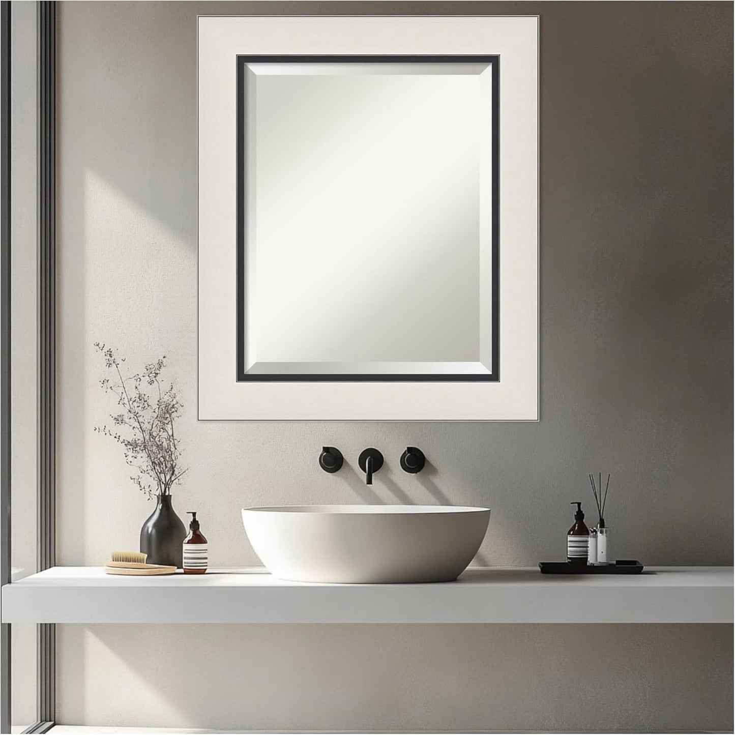 Amanti Art Silver Bathroom Mirror for Over Sink, 26x22 Ellie Silver Black Rectangle Vanity Mirror, Small Modern Contemporary Frame, Hangs Horizonally and Vertically, Bathroom Wall Decor, Beveled Edge