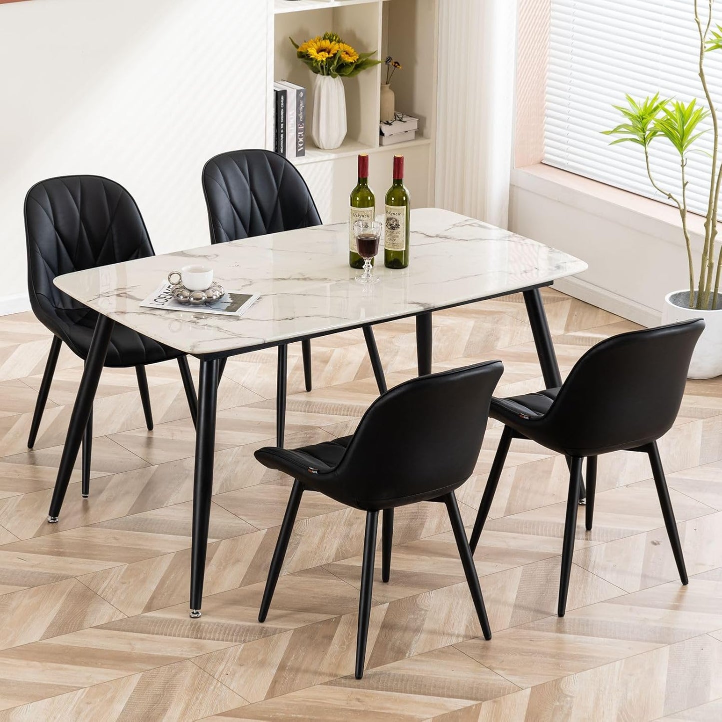 Rowill Black Dining Chairs Set of 2 - Upholstered Faux Leather Kitchen Chairs with Soft Cushion Backrest, Sturdy Metal Legs & Non-Slip Pads, Perfect Modern Design for Home Dining Room, Kitchen