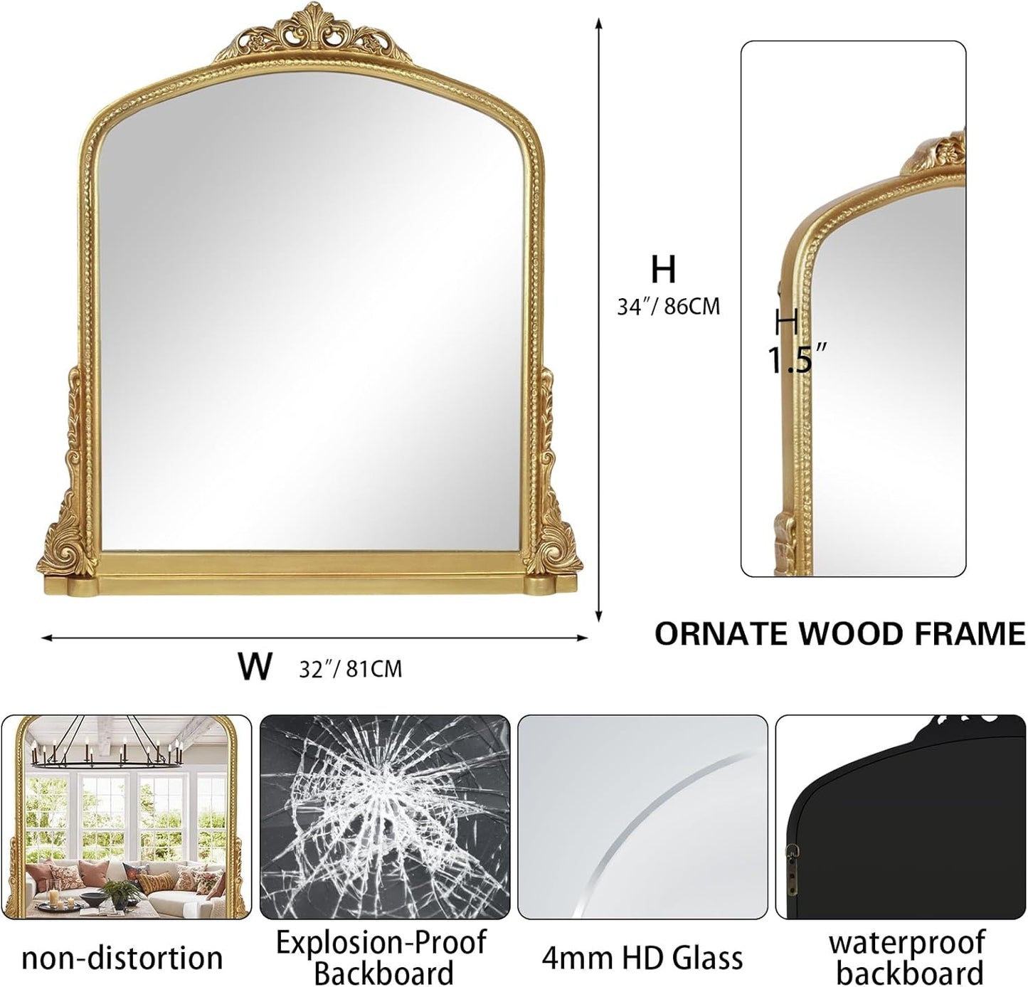 Traditional Ornate Arched Wall Mirror Baroque Vintage Framed Bathroom Vanity Large Rectangle Gilded, 34''H x 32'' W, Antique Gold