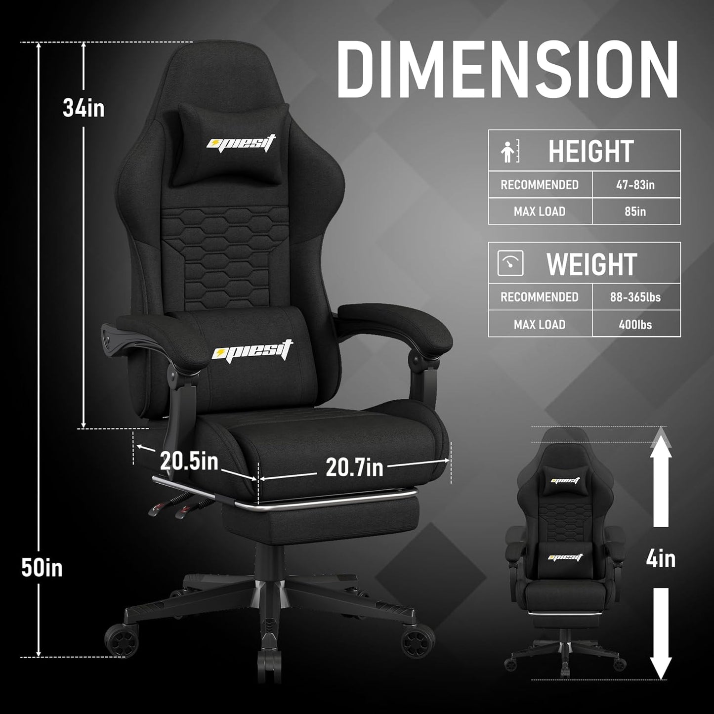 Gaming Chair, Computer Chairs for Adults with Lumbar Support and Massager, Comfortable Gamer Chair with Footrest & Pocket Spring Cushion, Ergonomic Home Office Chair, Black, Fabric