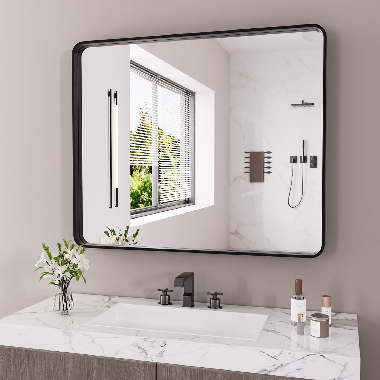 Black Bathroom Mirror 48X40 Inch, Black Metal Framed Mirror for Wall, Rounded Rectangle Matte Bathroom Vanity Mirror with Tempered Glass, Anti-Rust, Horizontal/Vertical