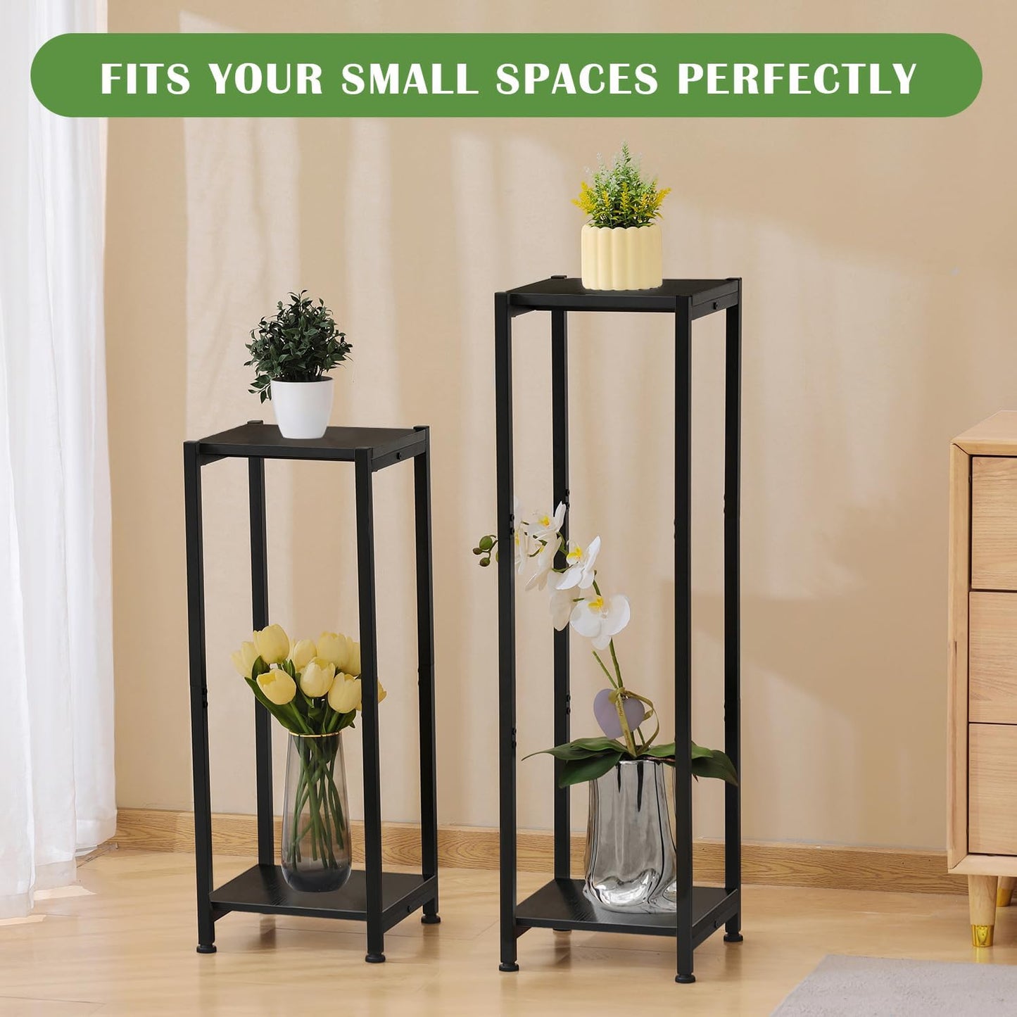 Tall Plant Stand Indoor,31 Inch Plant Stands,2 Tier Metal Plant Stand with Heavy Duty Wood,Black