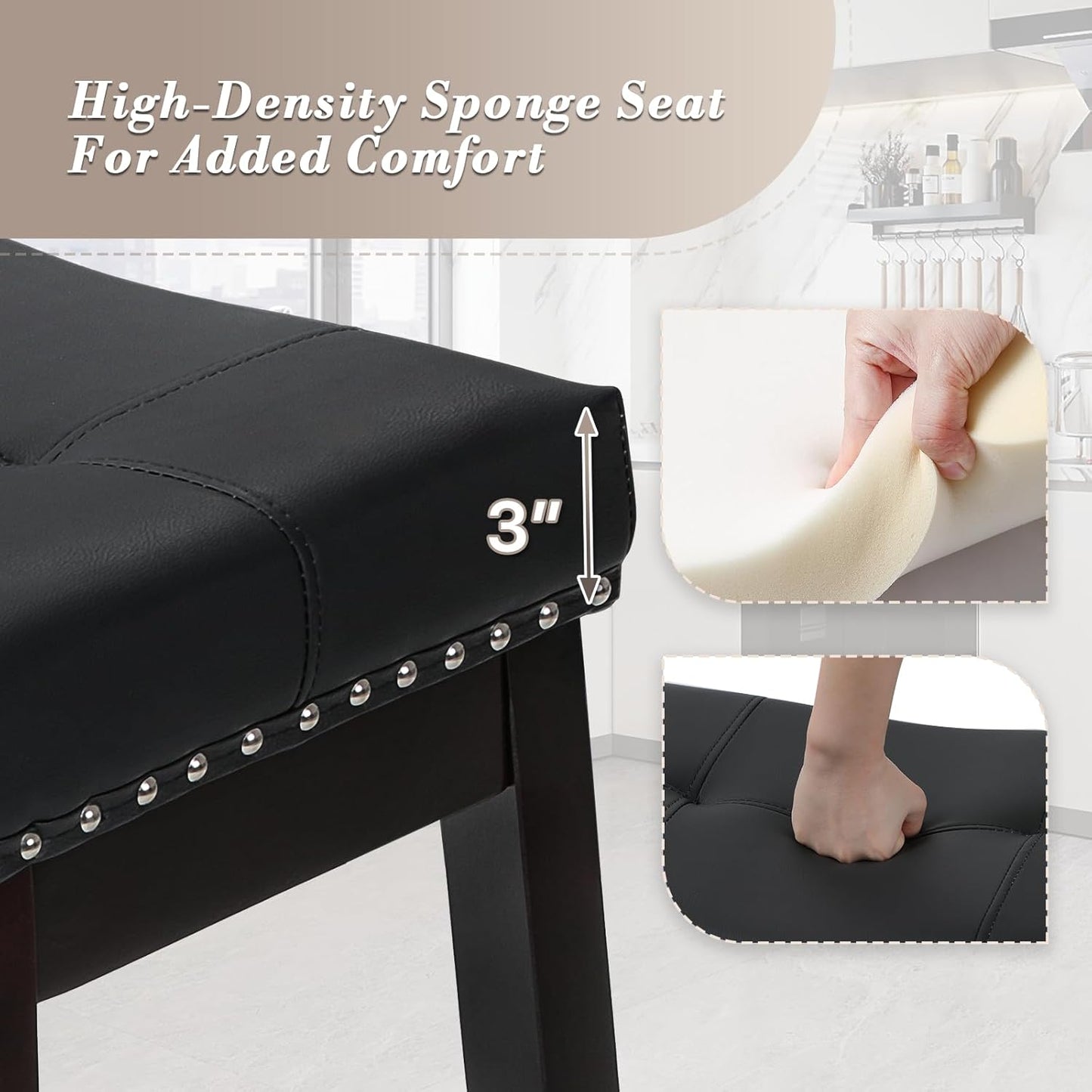 Athena Collection Counter Height Bar Stools Set of 2, 29.5 Inches Backless Saddle Bar Stools with Leather Upholstered and Nailhead Trim, Barstools for Counter, Kitchen Island, Dining Room, Black