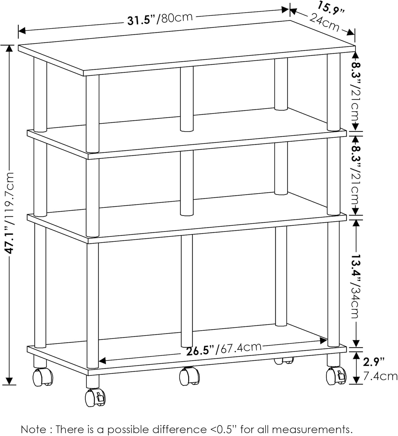 Furinno Helena 4-Tier Multifunction Rolling Open Shelves Storage Cart Organizer, Columbia Walnut/Black